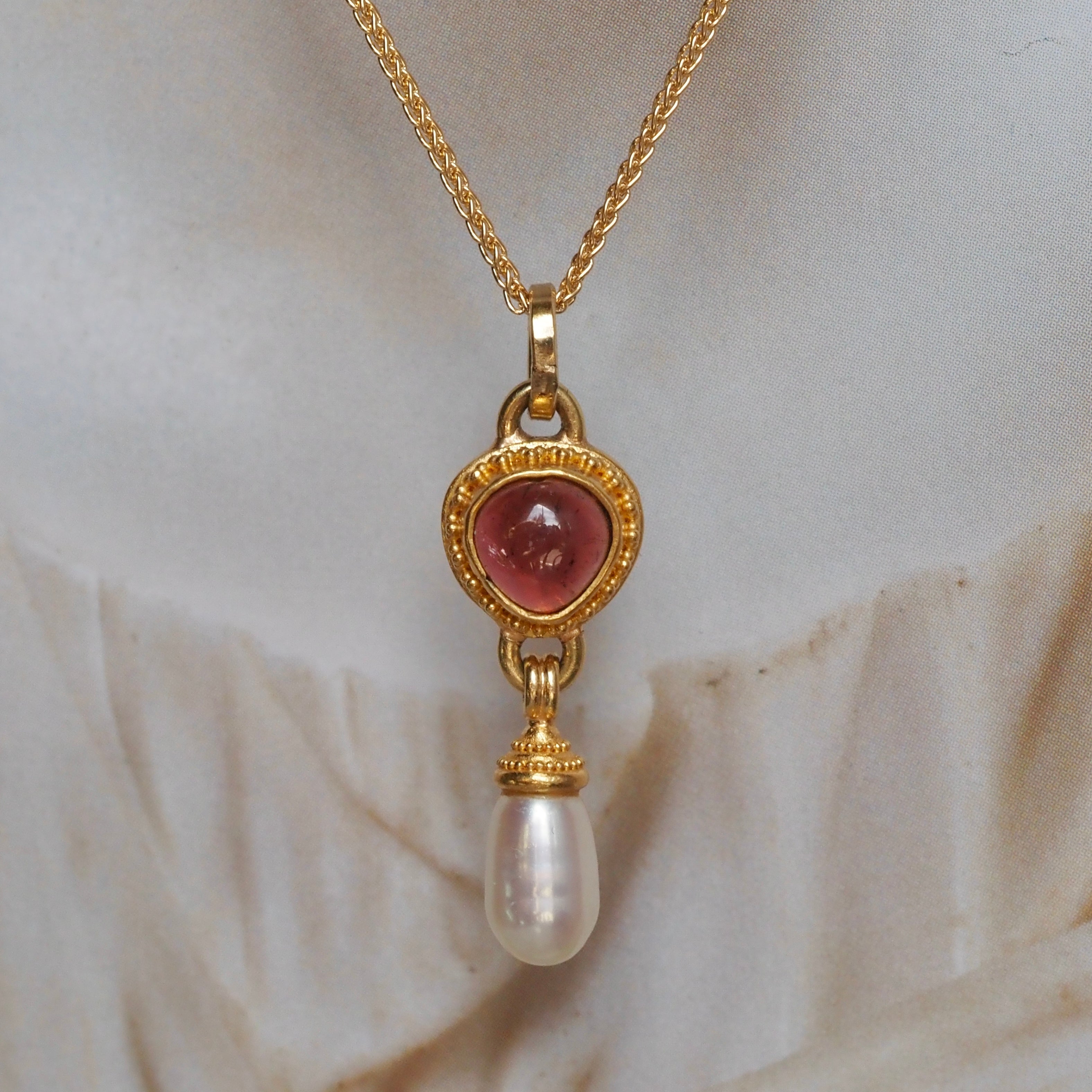 22k Gold Heart Tourmaline and Pearl Pendant