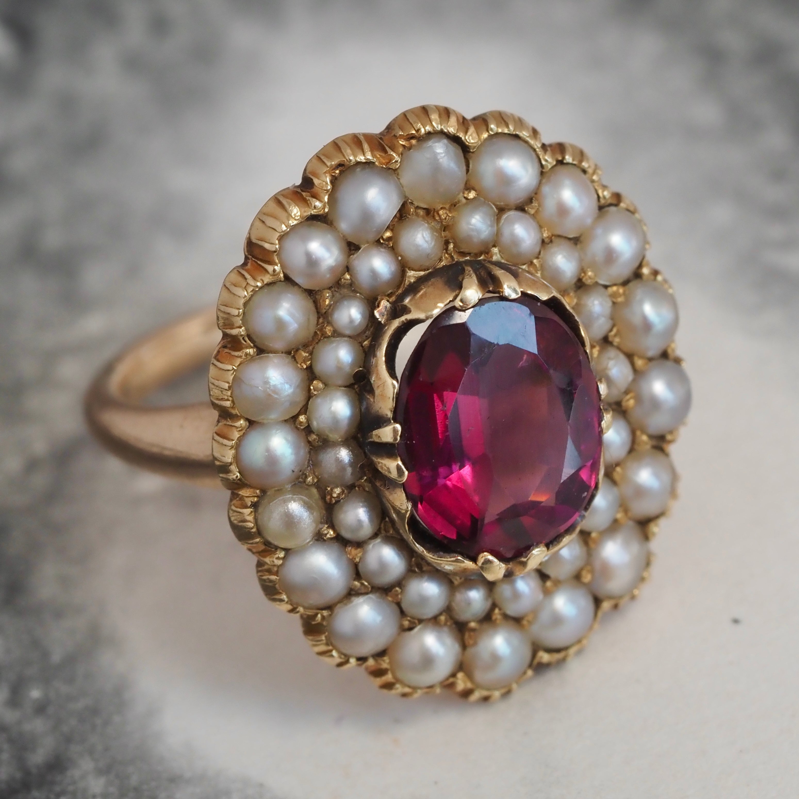 Antique English Late Georgian 14k Gold Rhodolite Garnet and Seed Pearl Double Halo Ring