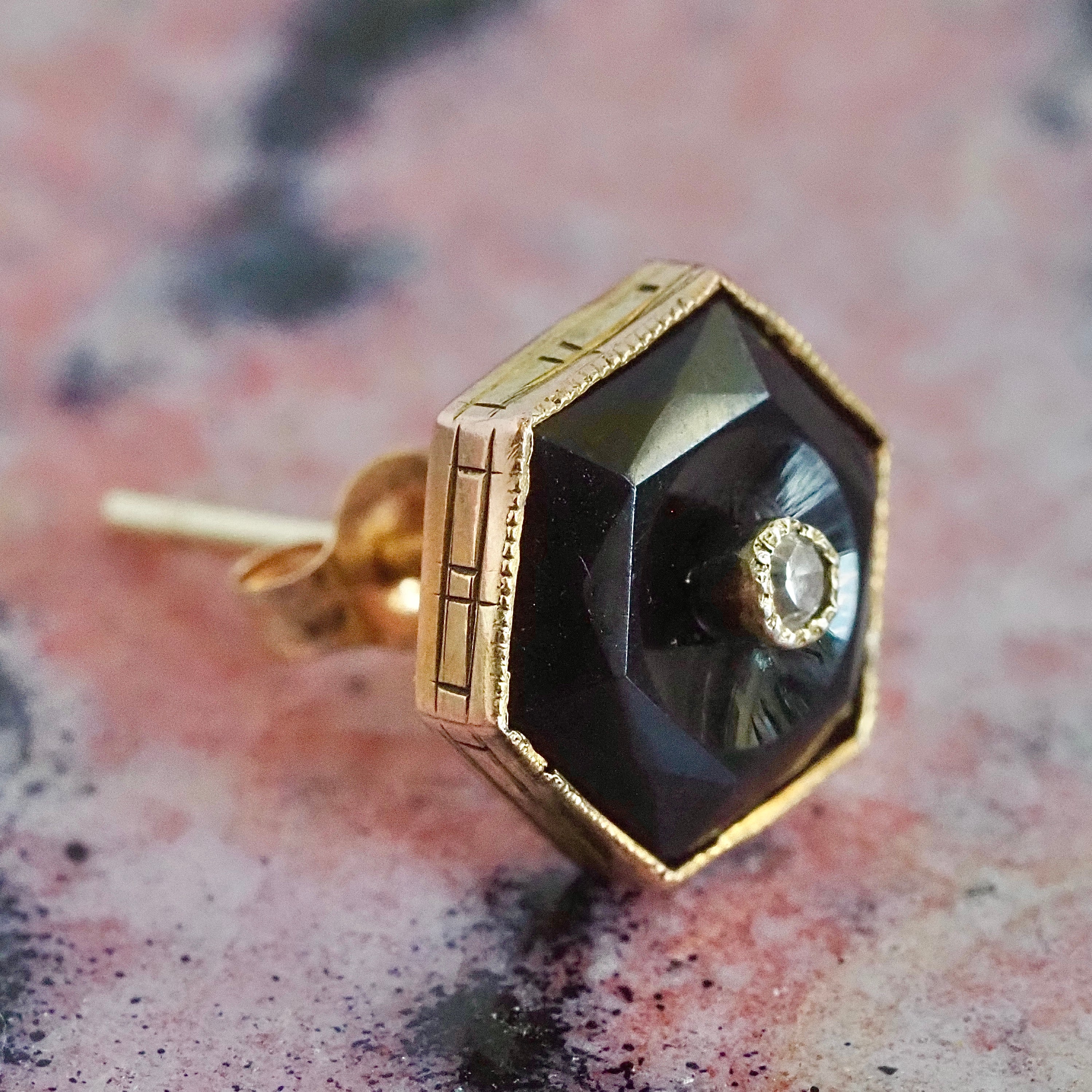 Antique Art Deco 14k Gold Hexagon Onyx and Diamond Stud Earrings