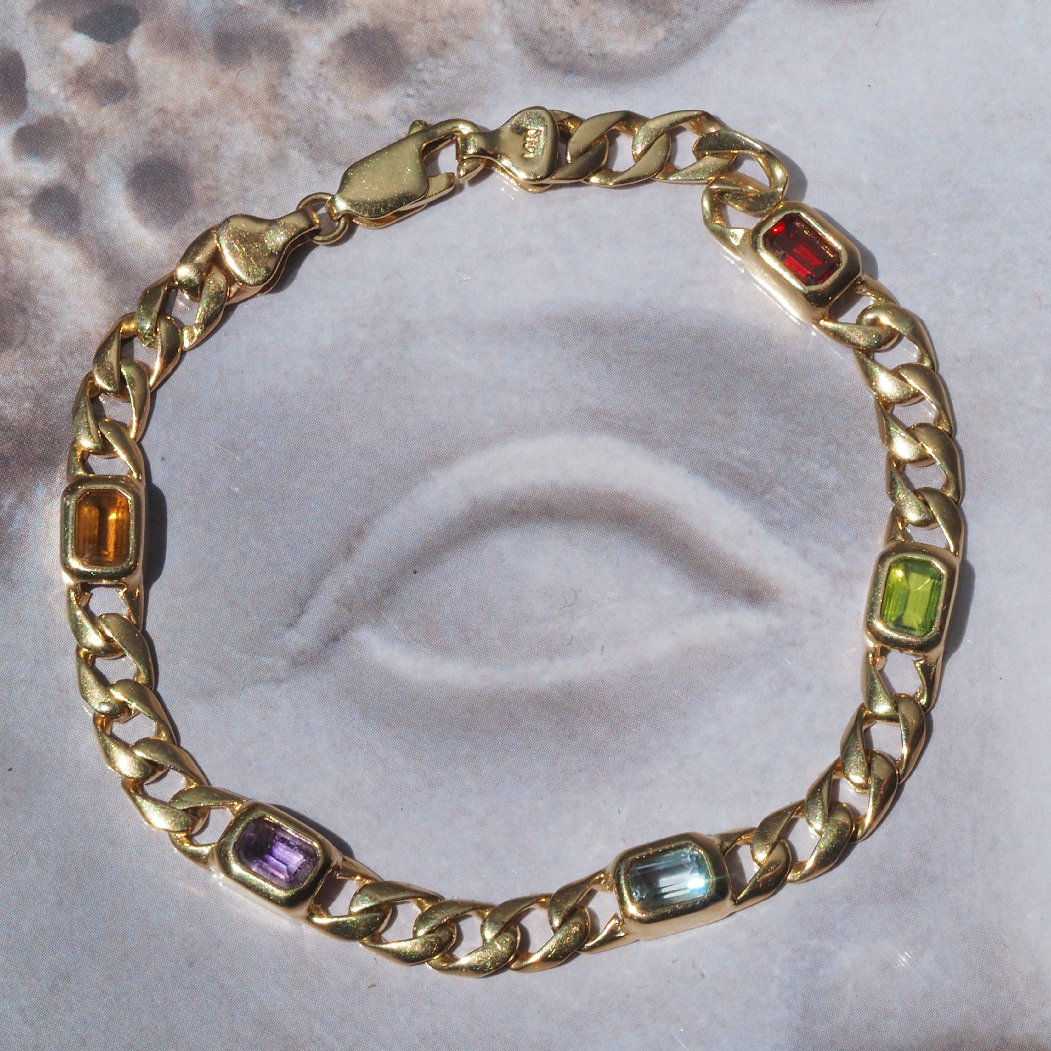 Vintage 14k Gold Curb Station Bracelet with Citrine Peridot Amethyst Garnet and Topaz