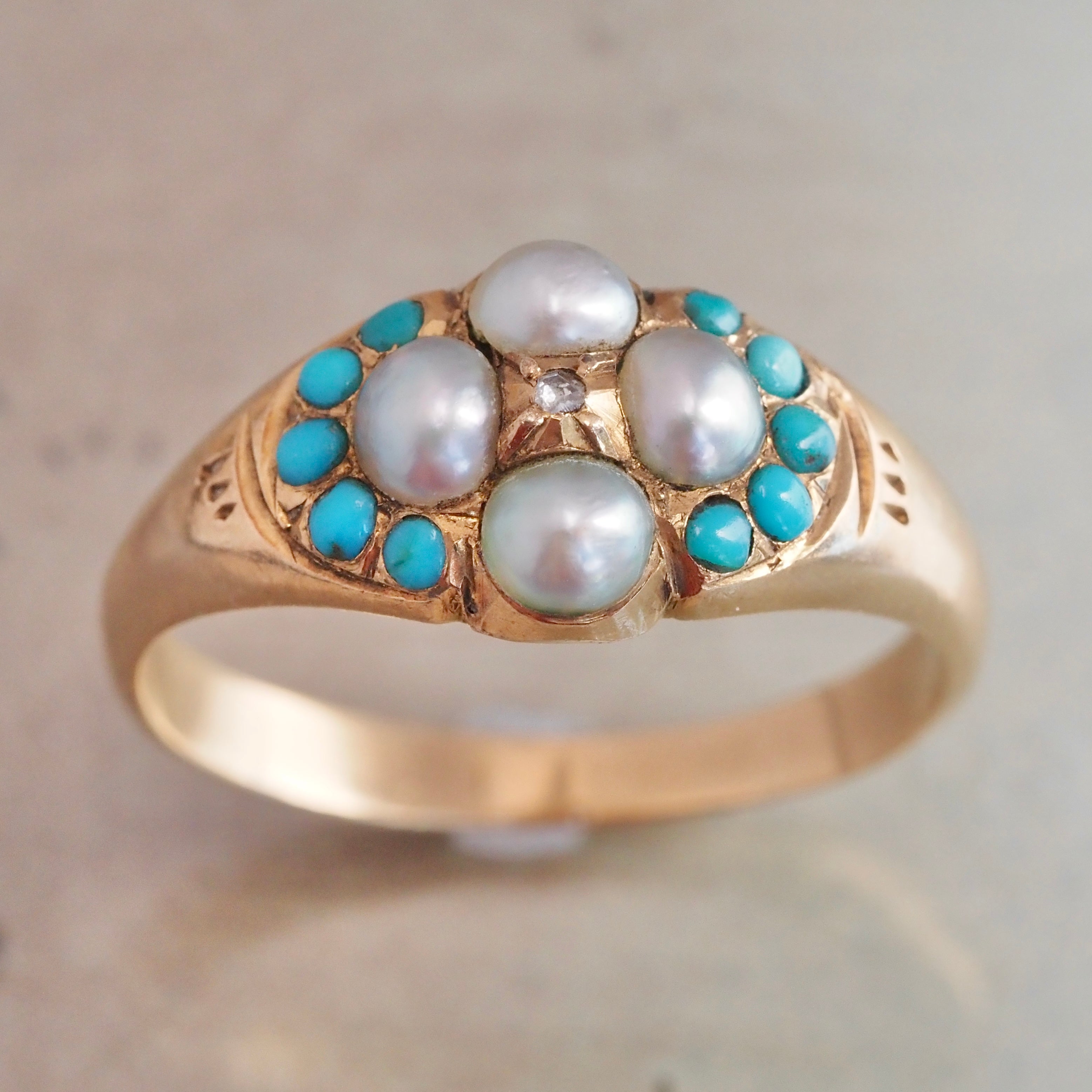 Antique Victorian English 18k Gold Rose Cut Diamond, Natural Pearls and Turquoise Ring