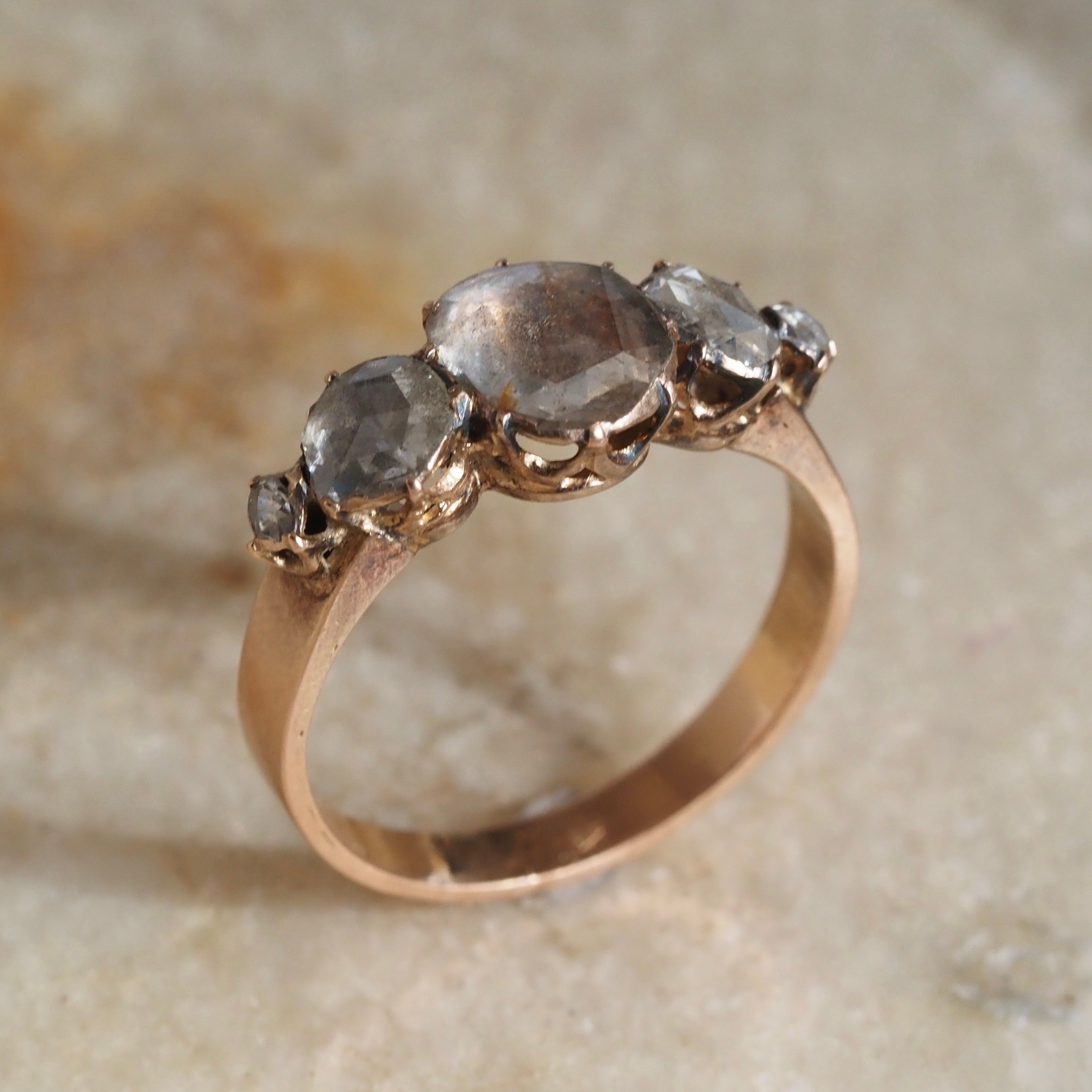 Antique Victorian French Foil Backed Rose Cut Diamond 18k Rose Gold Five Stone Ring