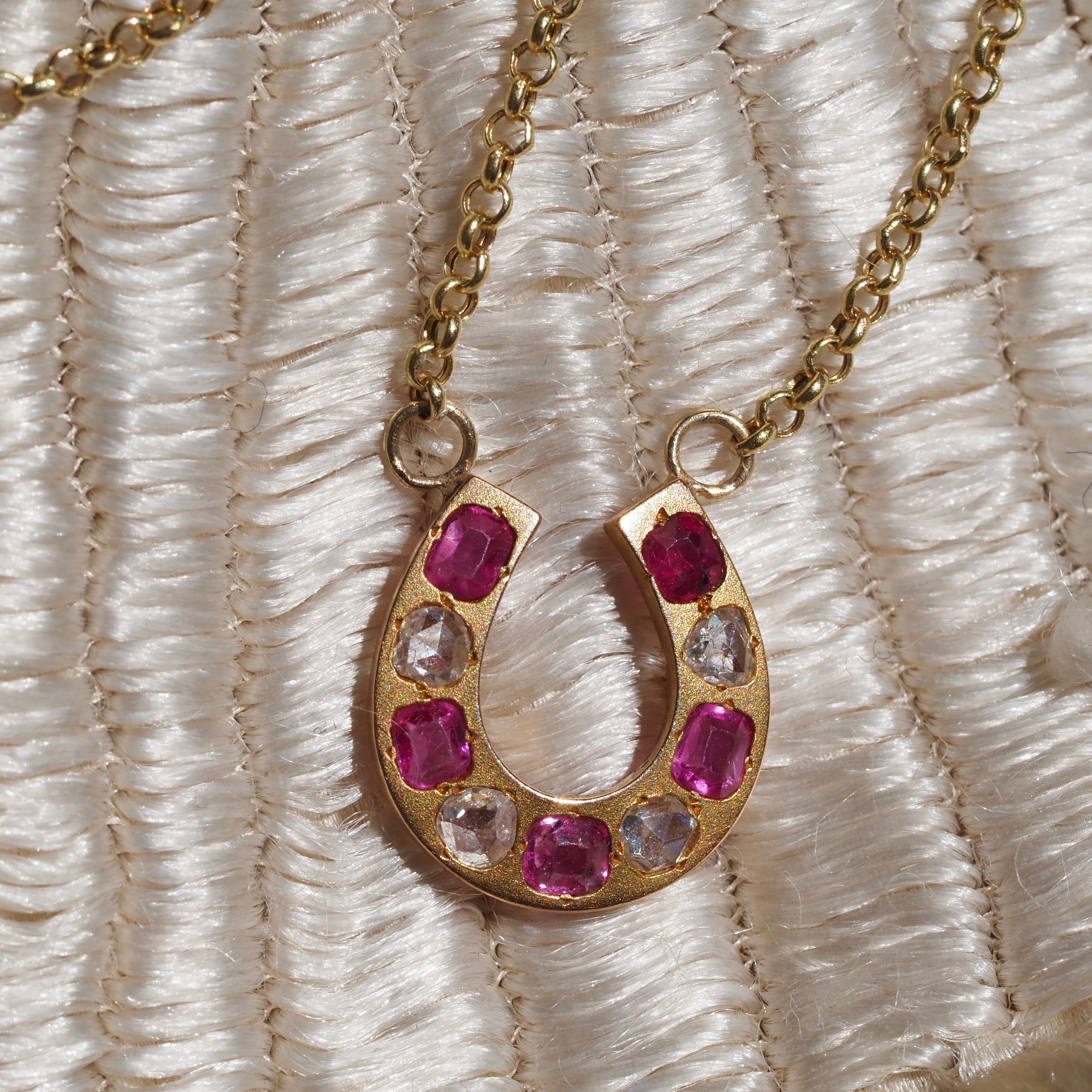 Antique Victorian French 18k Gold Ruby and Rose Cut Diamond Horseshoe Necklace