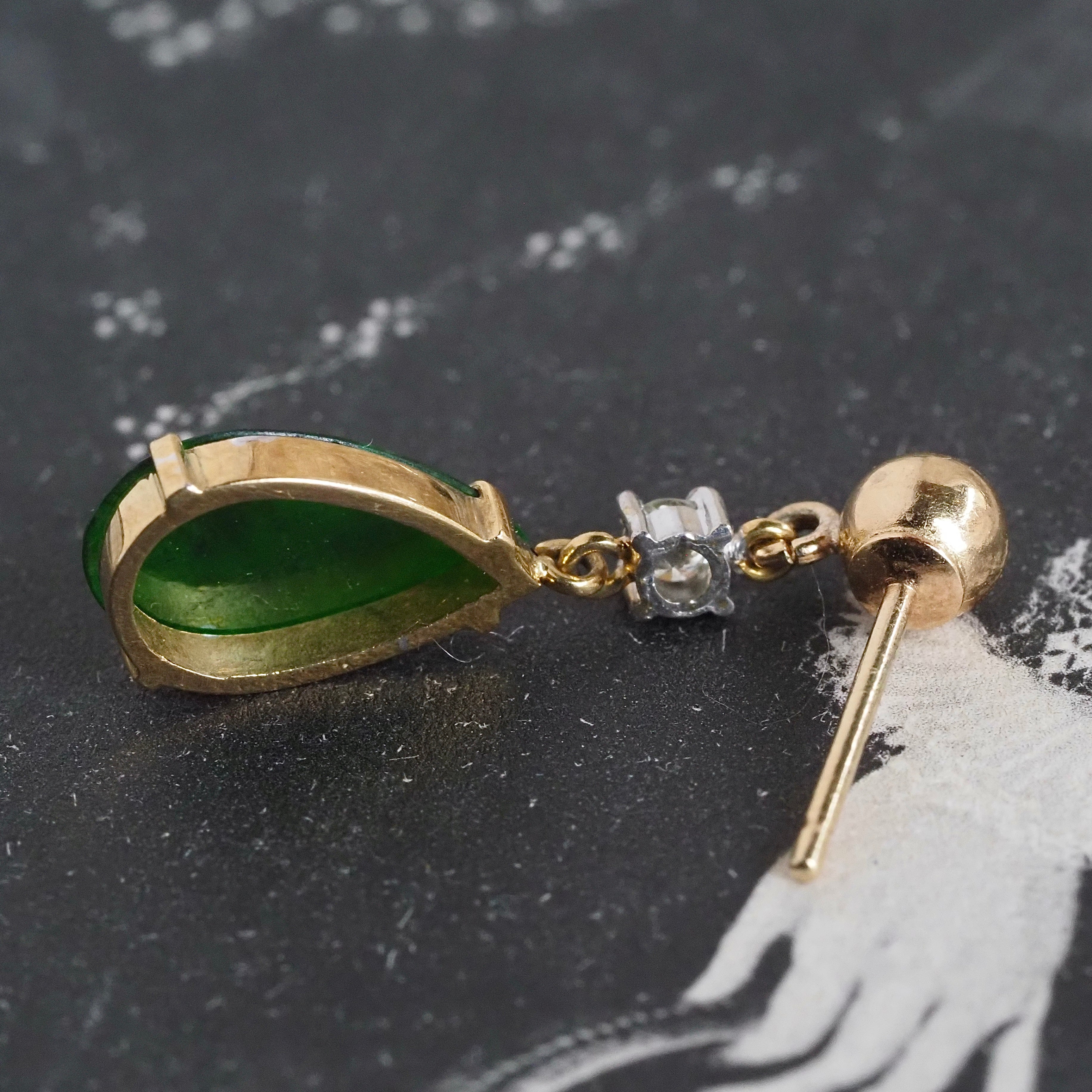 Vintage 14k Gold Tear Drop Jade & Diamond Earrings