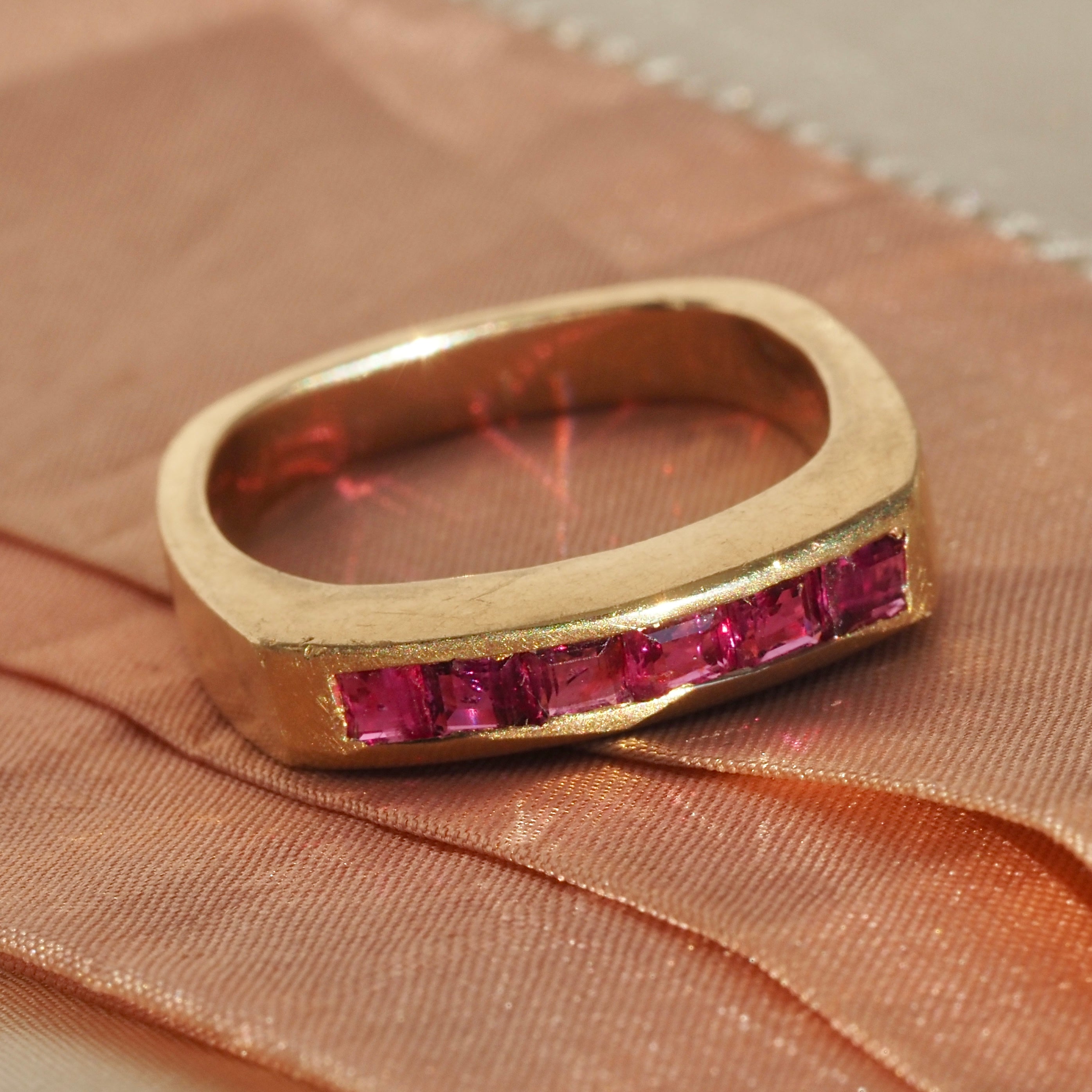 Vintage Natural Ruby Channel Set Squared 14k Gold Ring