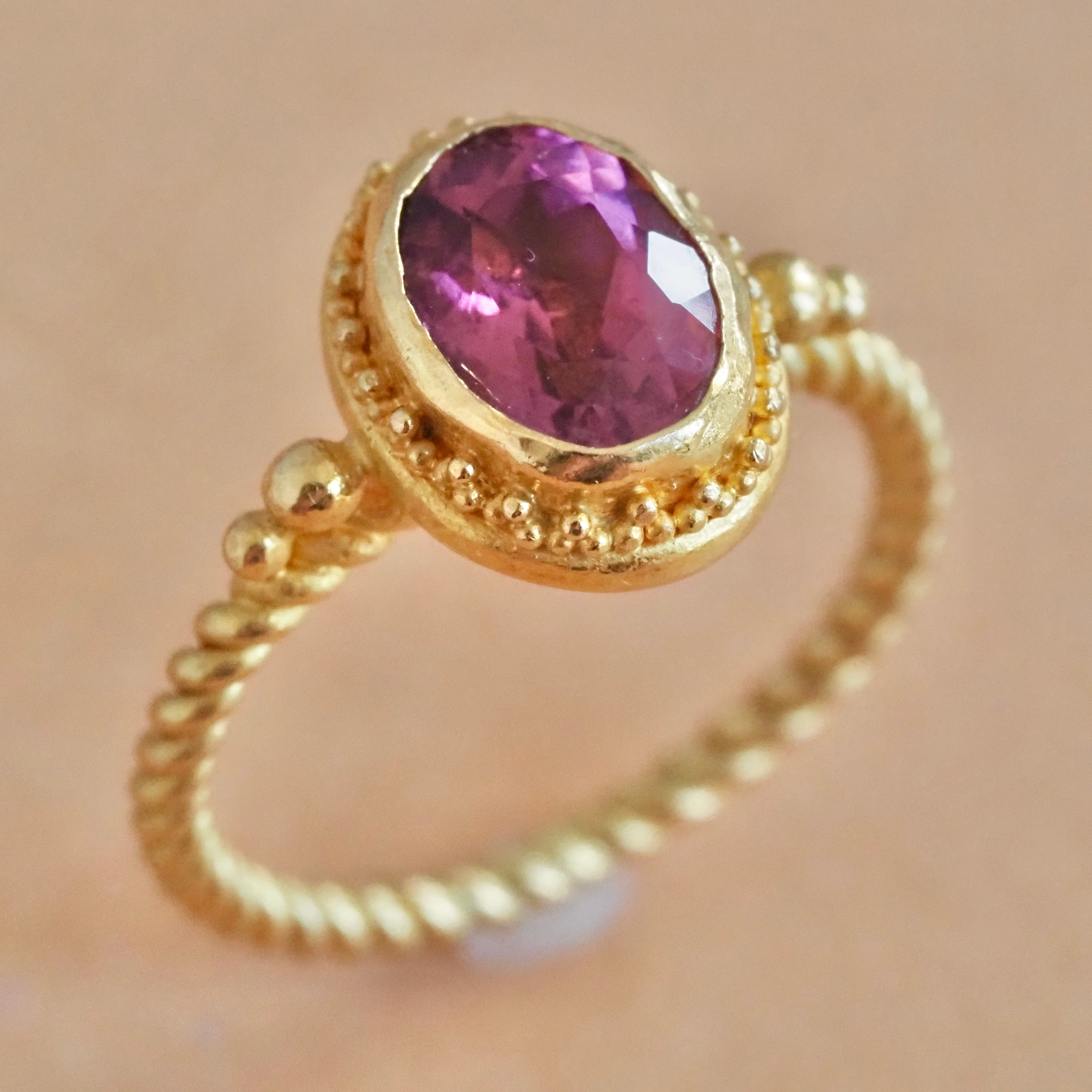 Vintage Etruscan Revival 22k Gold Pink Tourmaline Ring