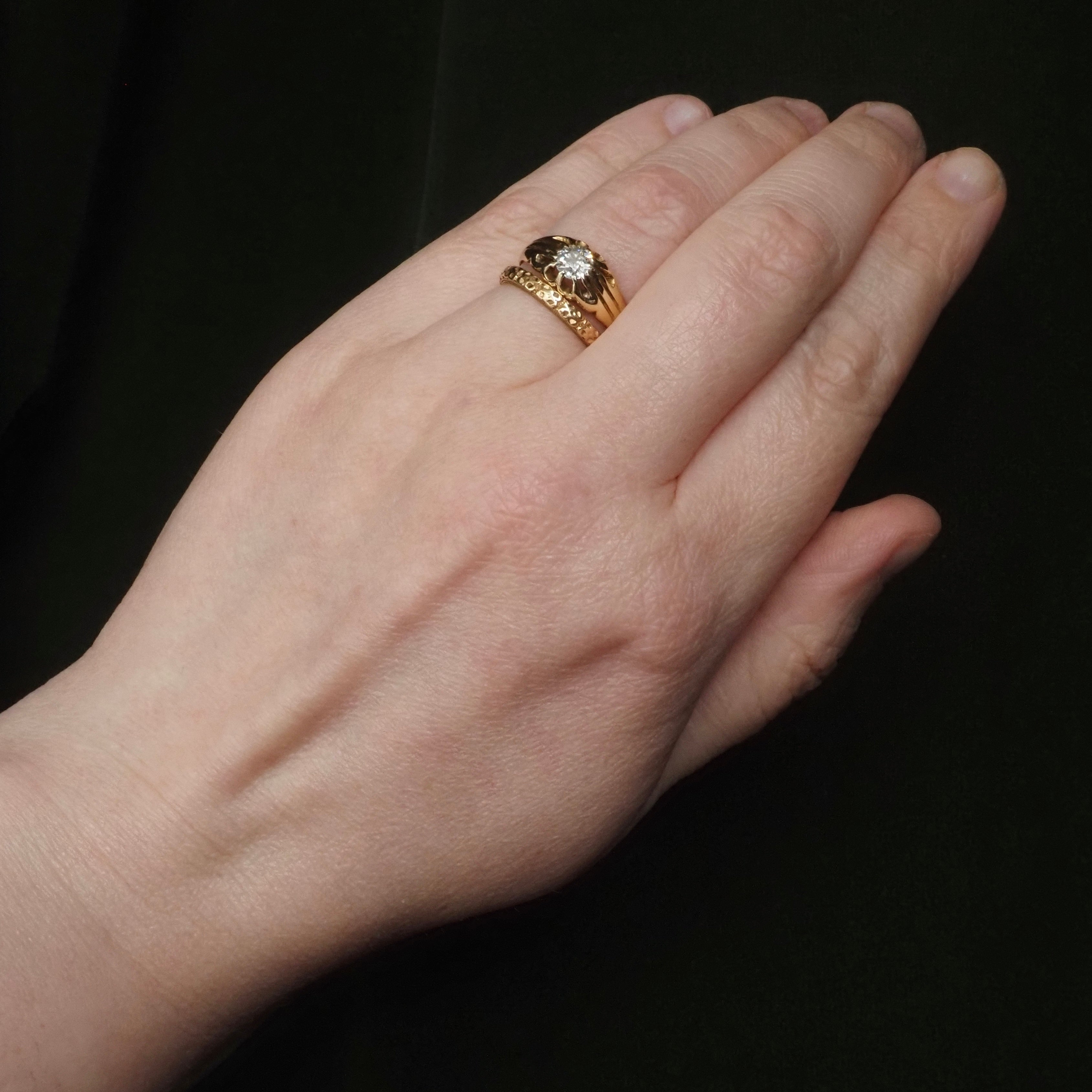 Antique English Old European Cut Diamond 18k Gold Belcher Set Engagement Ring