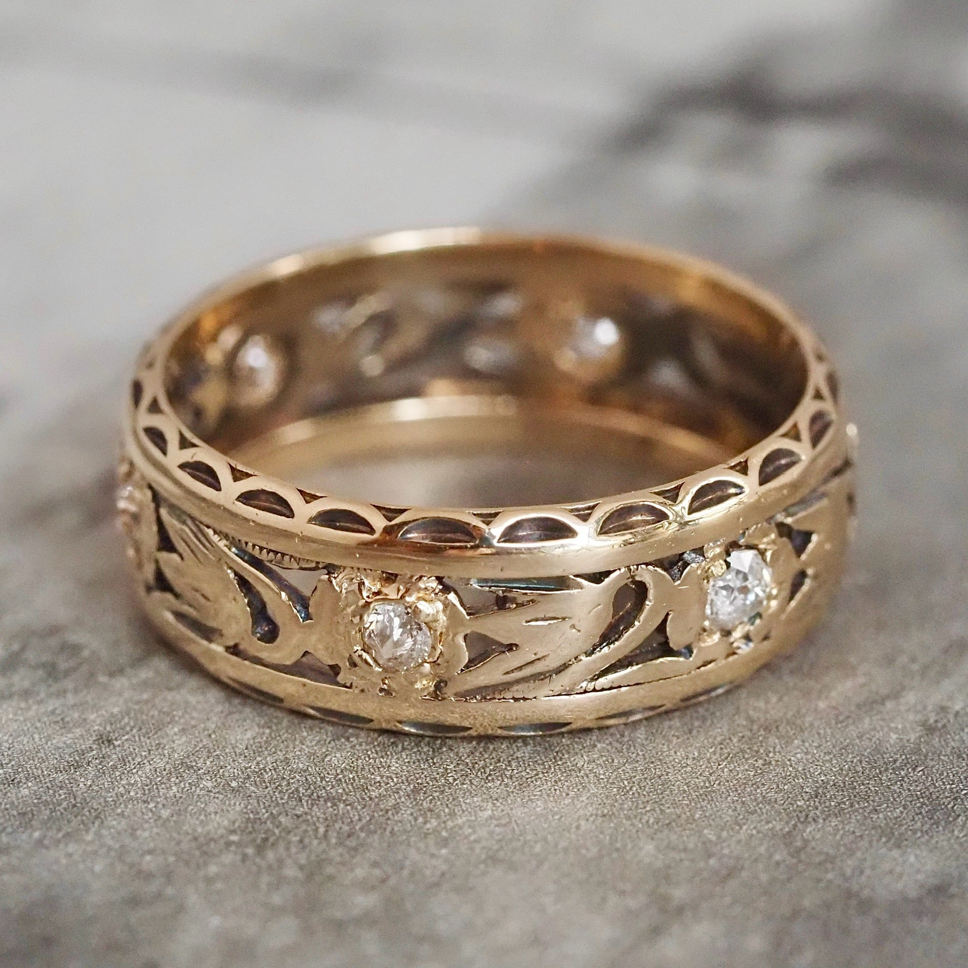 Antique 14k Gold Tulip Cutout Band with Old Mine Cut Diamonds