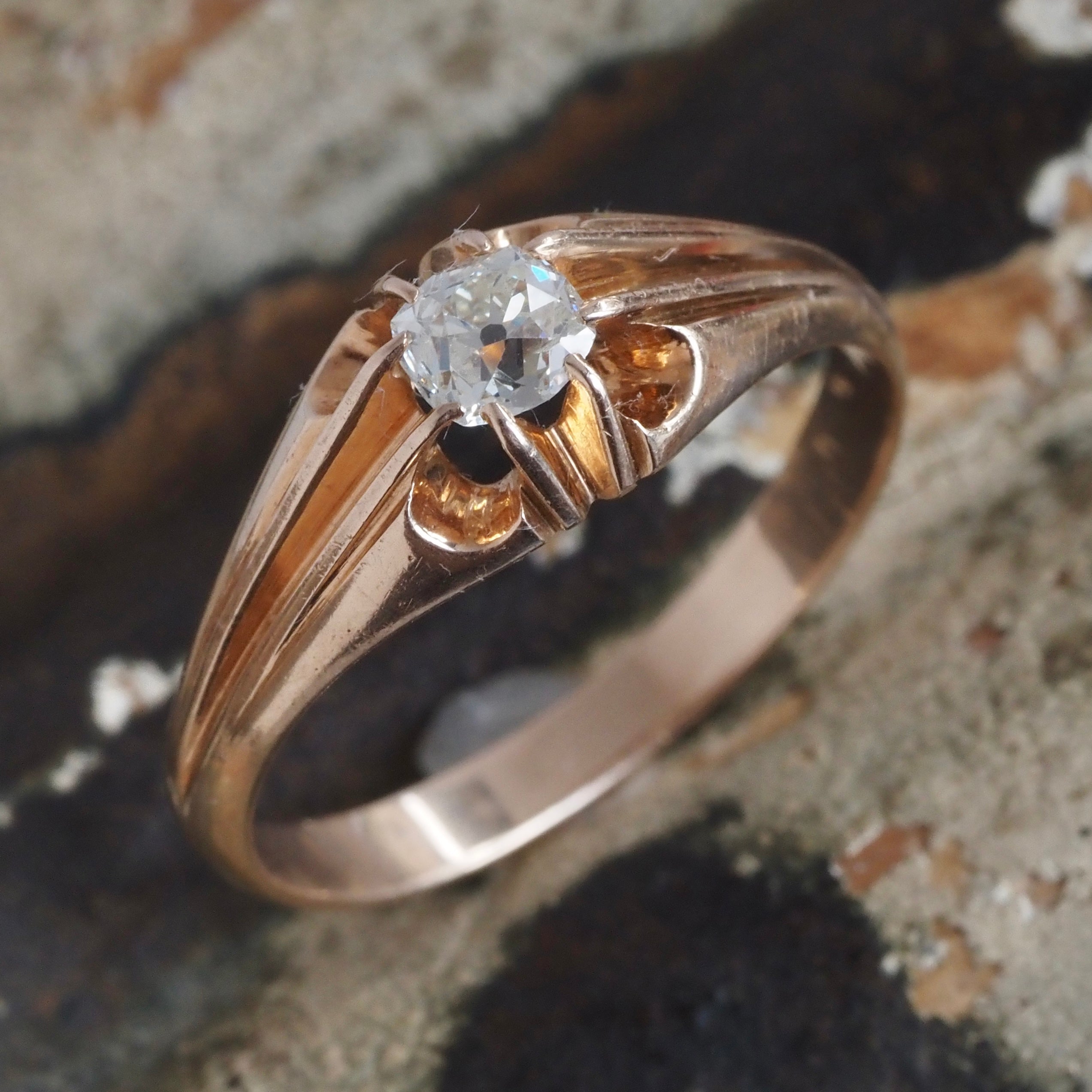 Antique Old Mine Cut Diamond in Vintage Polish 14k Gold Belcher Set Engagement Ring