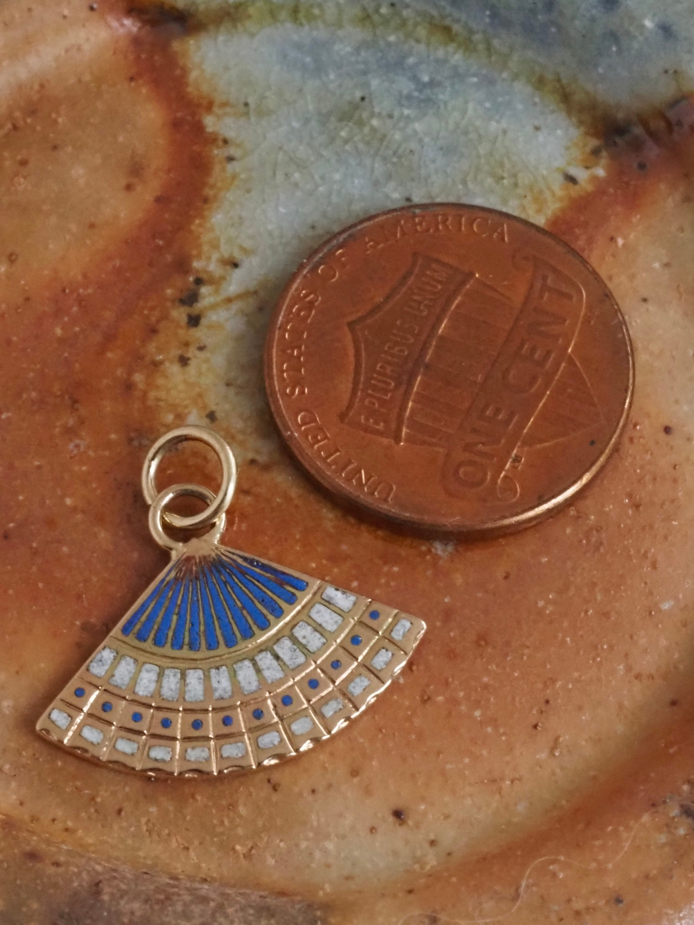 Vintage 14k Gold Blue & White Enamel Fan Charm