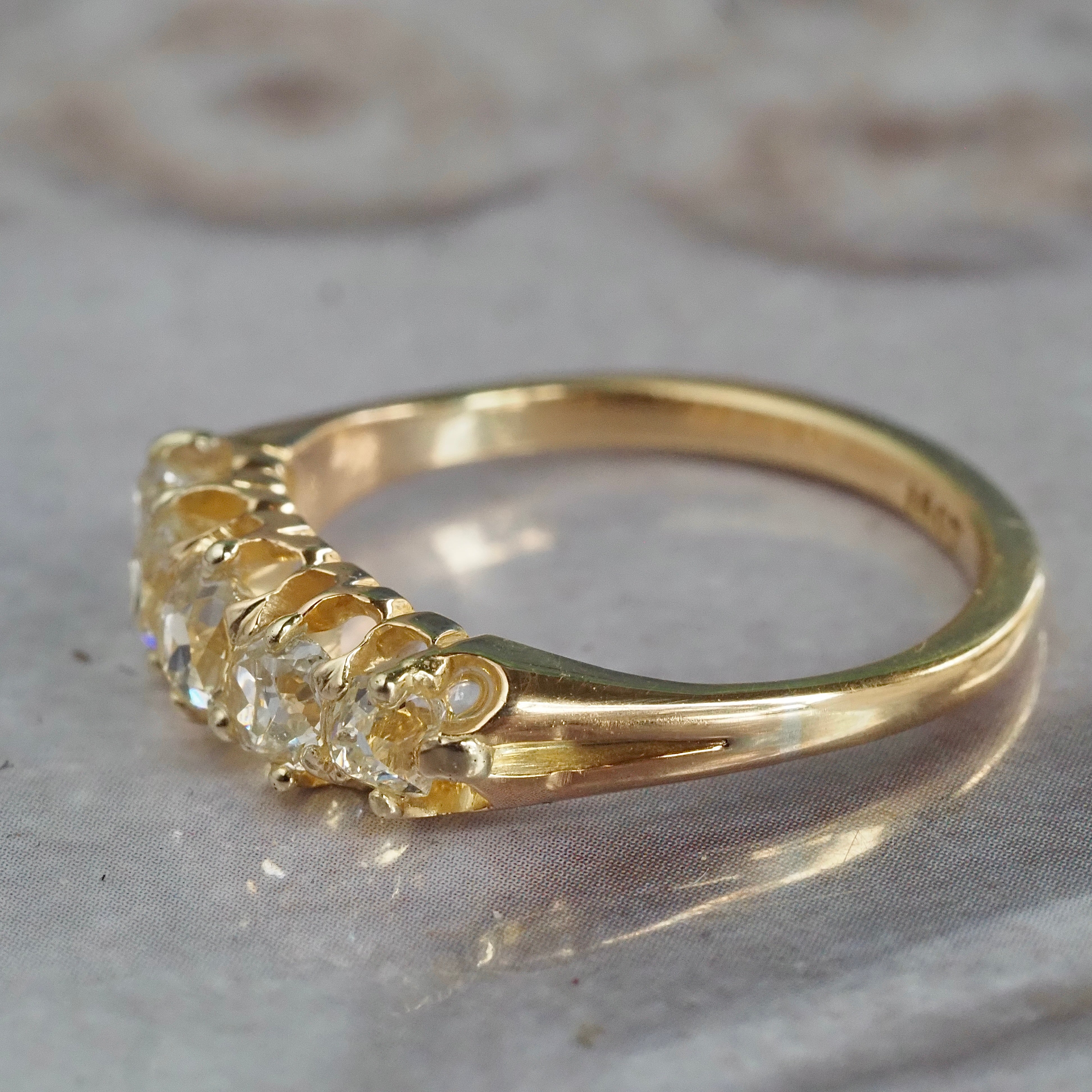 Antique English Five Stone Old Mine Cut Diamond 18k Gold Ring