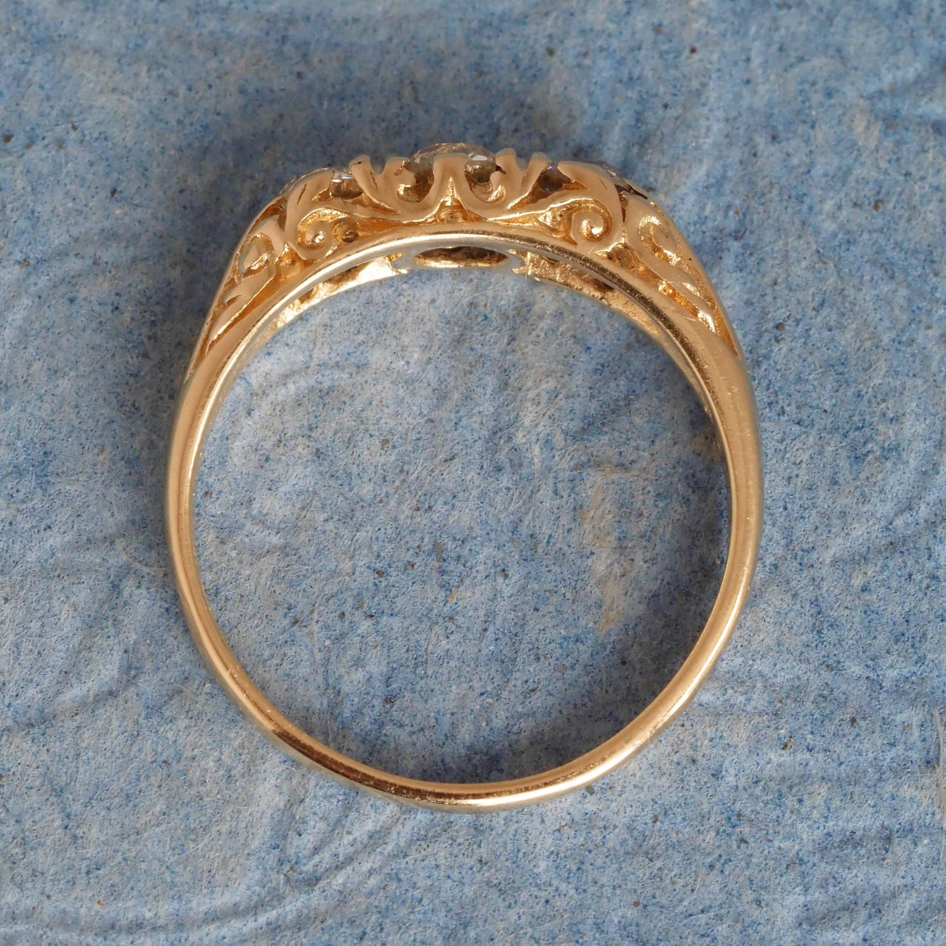 Art Nouveau Style Antique Old Mine Cut Diamond Trilogy 14k Gold Ring