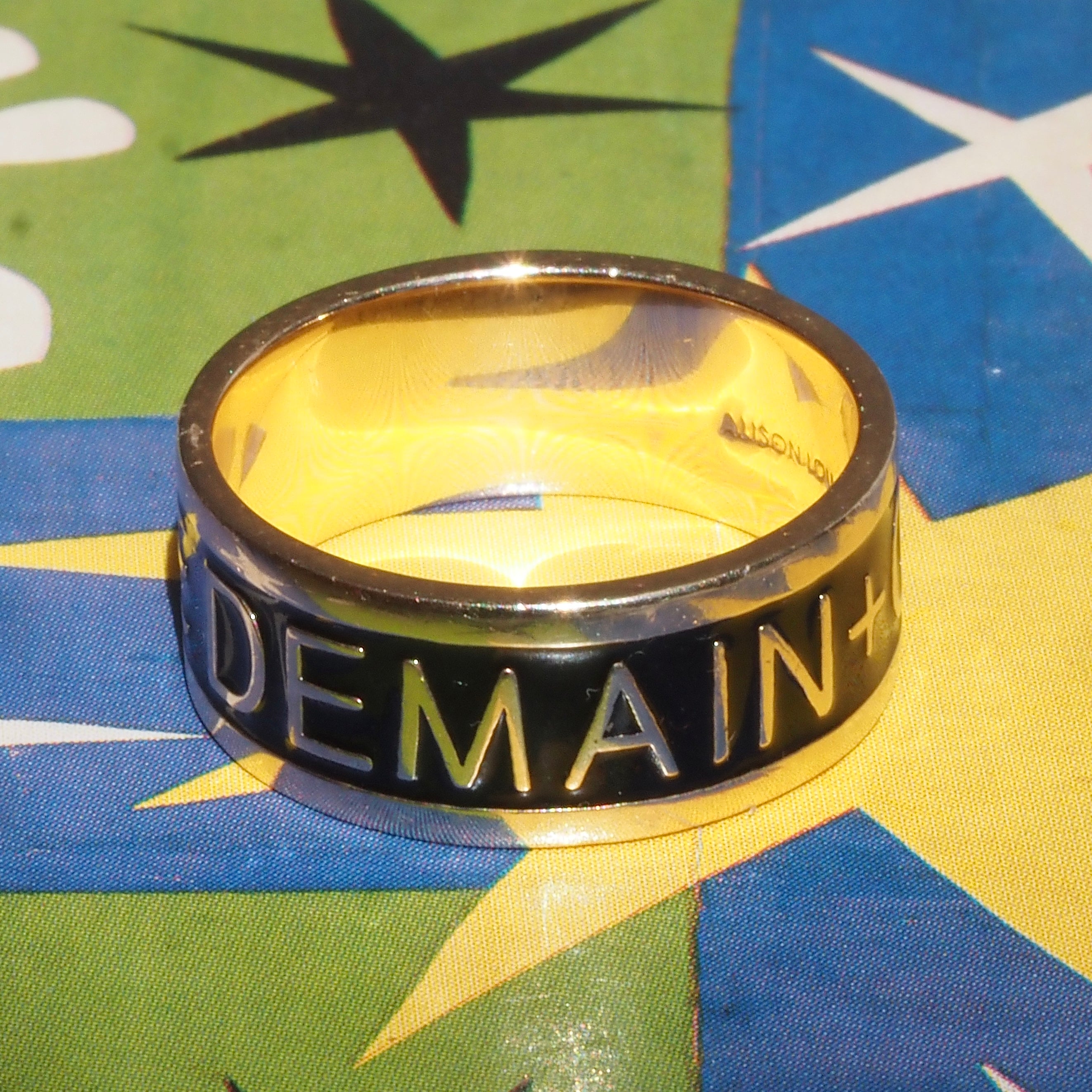 Qu'Heir Que Demain "More Than Yesterday, Less Than Tomorrow" 14k Gold Black Enamel Wide Band
