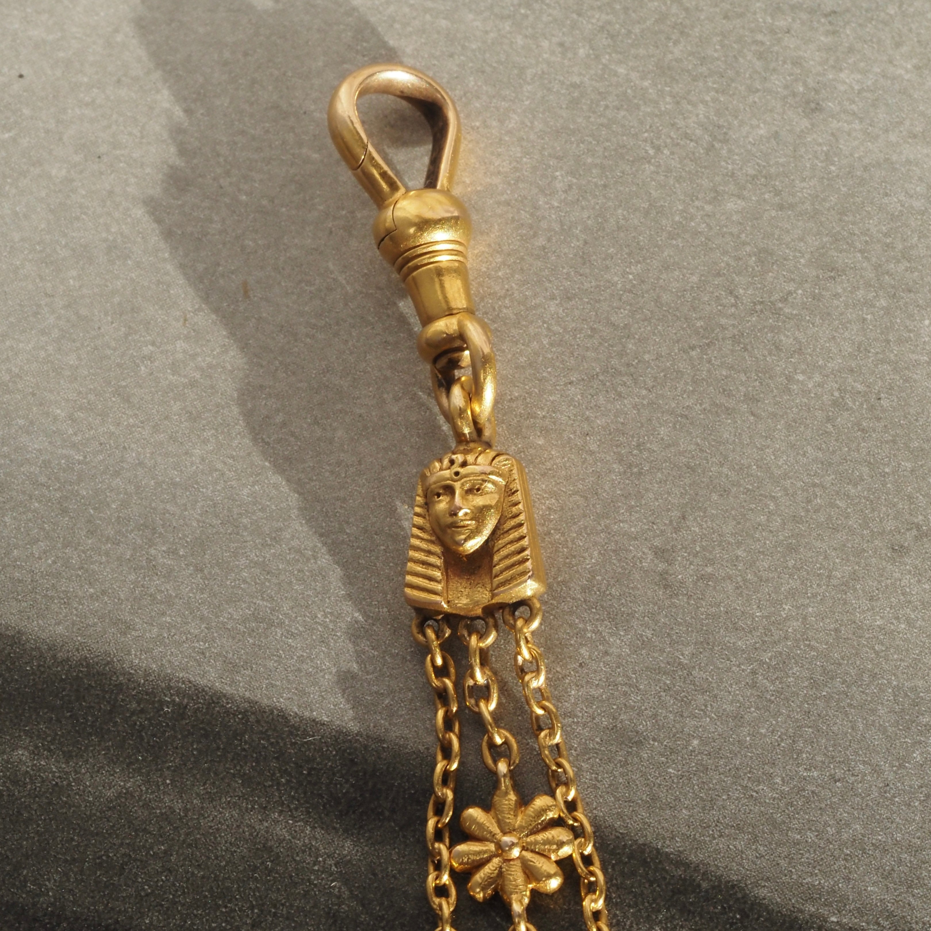 Antique Victorian Egyptian Revival Bloomed 14k Gold Floral Figurative Fob with Dog Clip