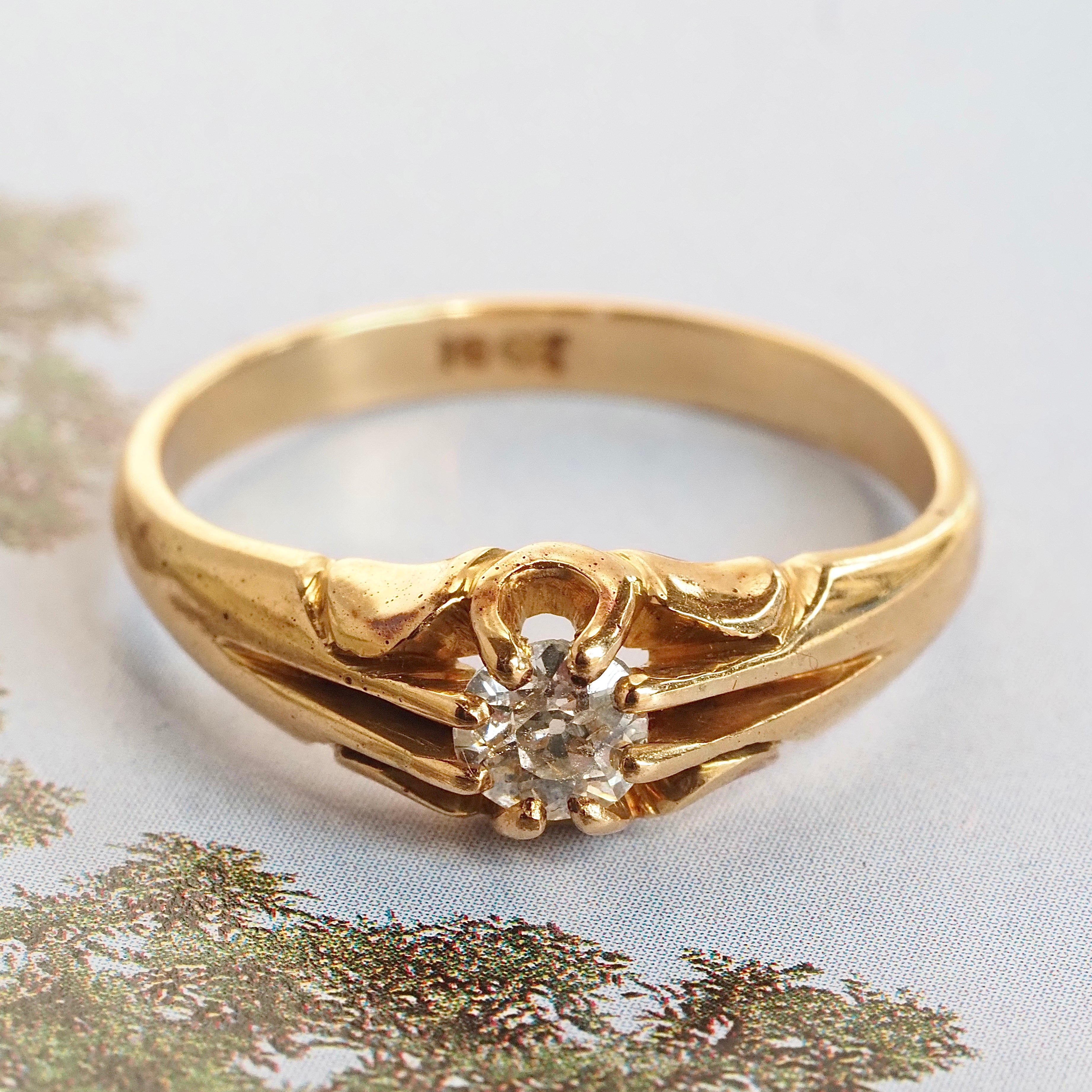 Antique Victorian English 18k Gold Old Mine Cut Diamond Belcher Engagement Ring