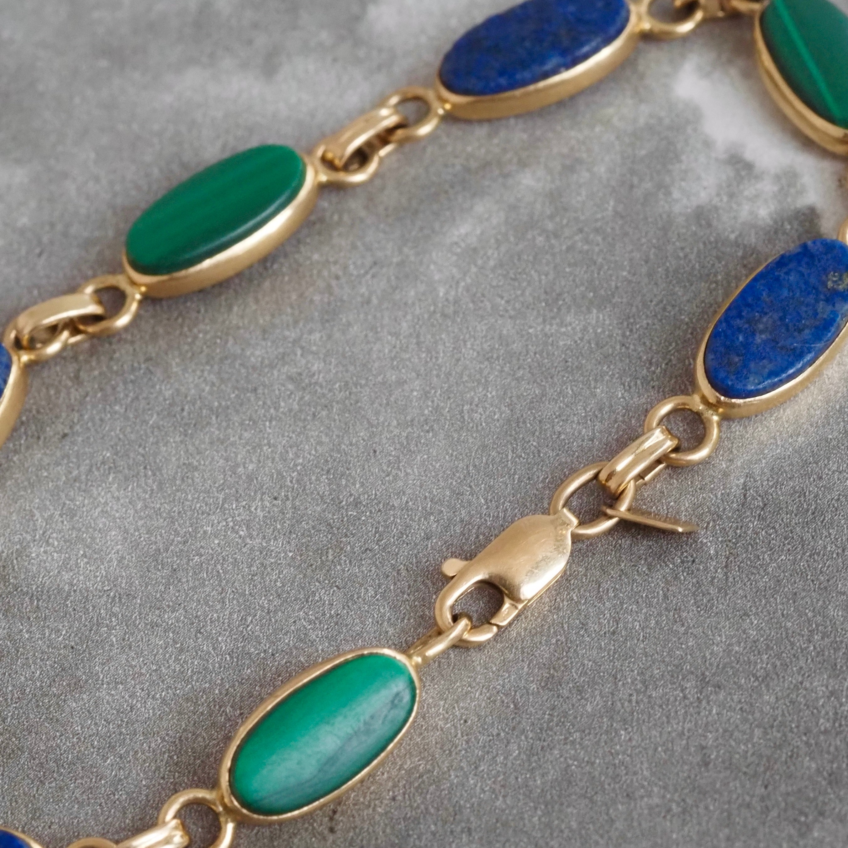 Vintage Lapis and Malachite 14k Gold Bracelet