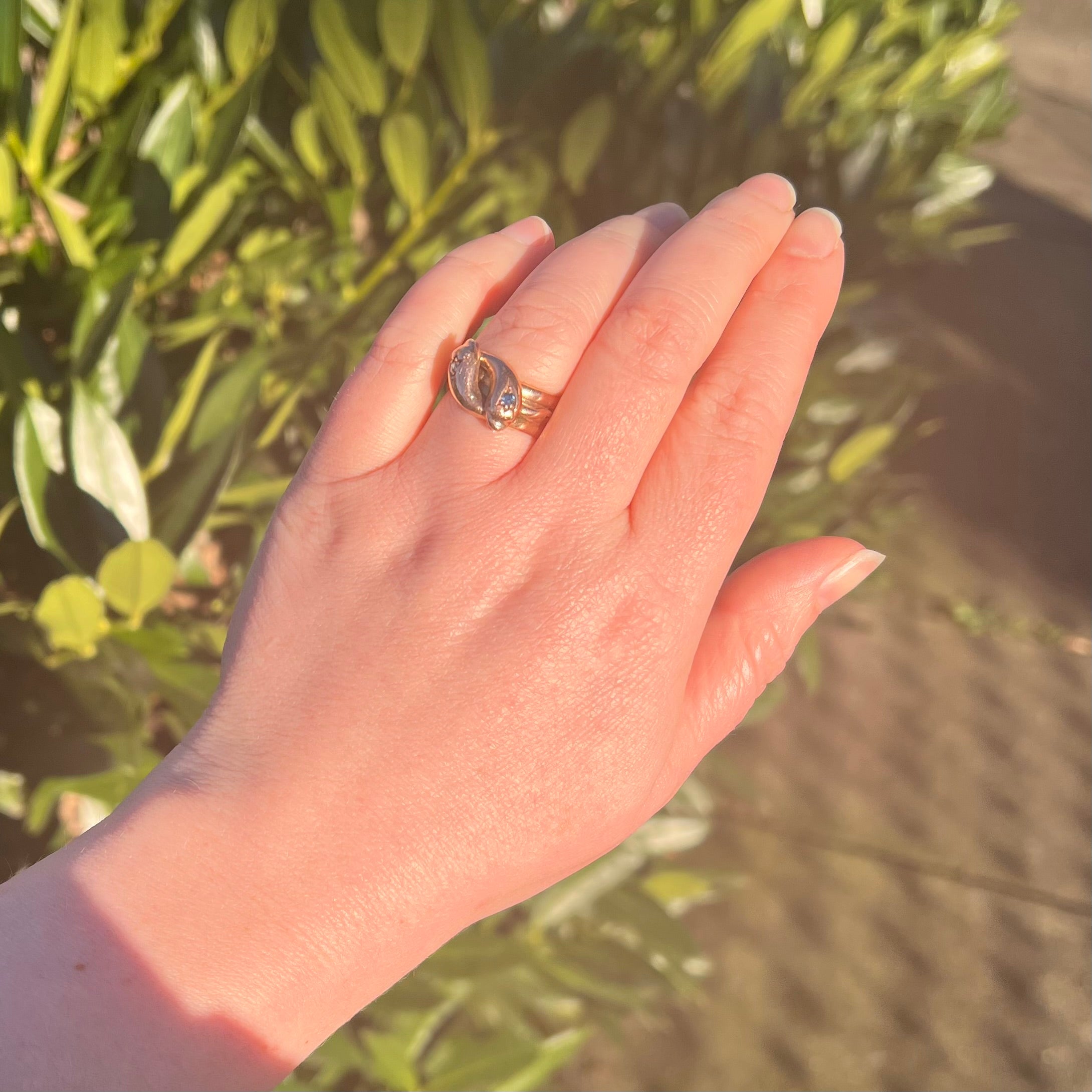 Antique c. 1904 English Old Mine Cut Diamond and Sapphire Double Snake 9k Rose Gold Ring