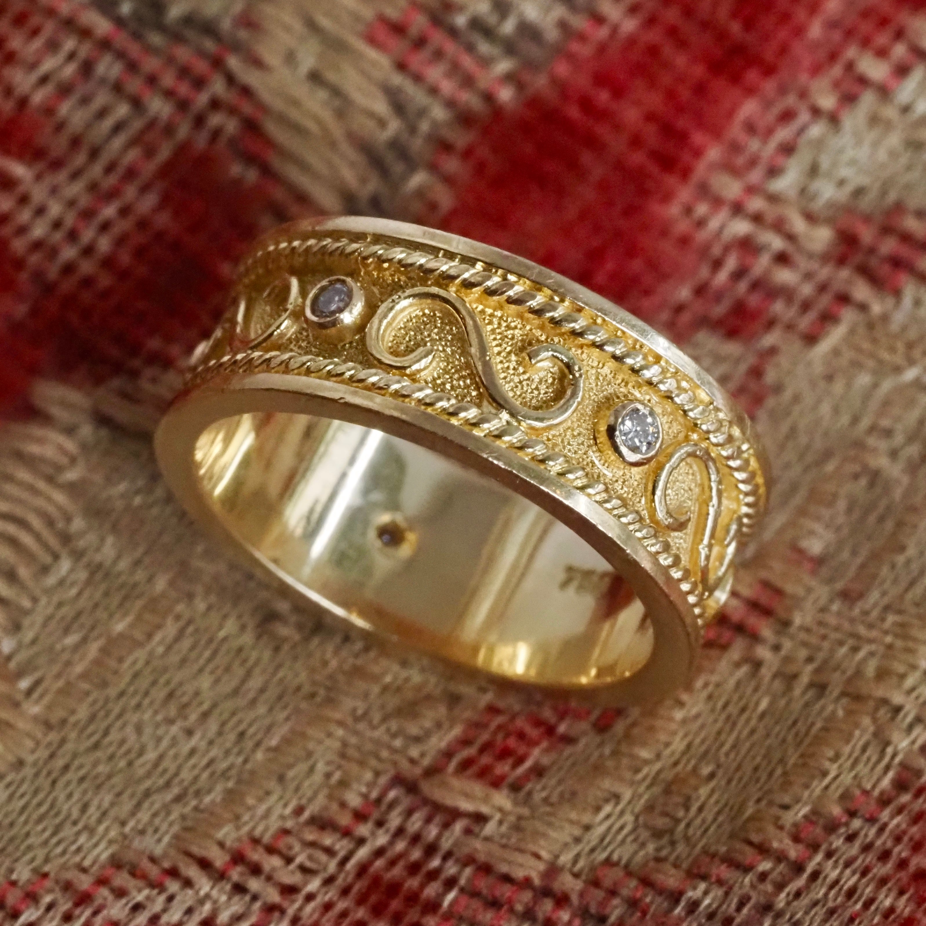 Vintage Etruscan Style 18k Gold Diamond Wide Band