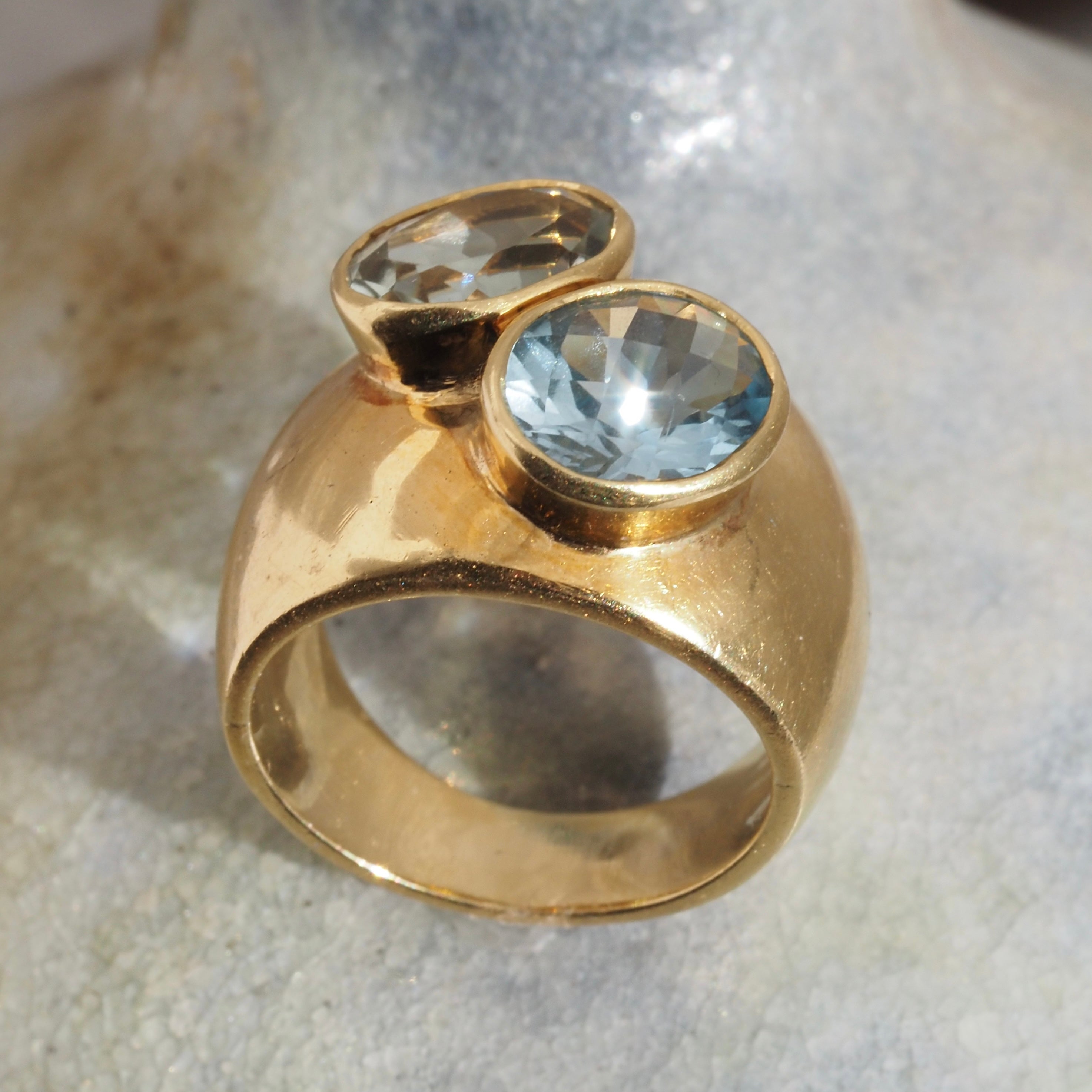 Vintage Topaz and Prasiolite Double Bezel Set 18k Gold Ring