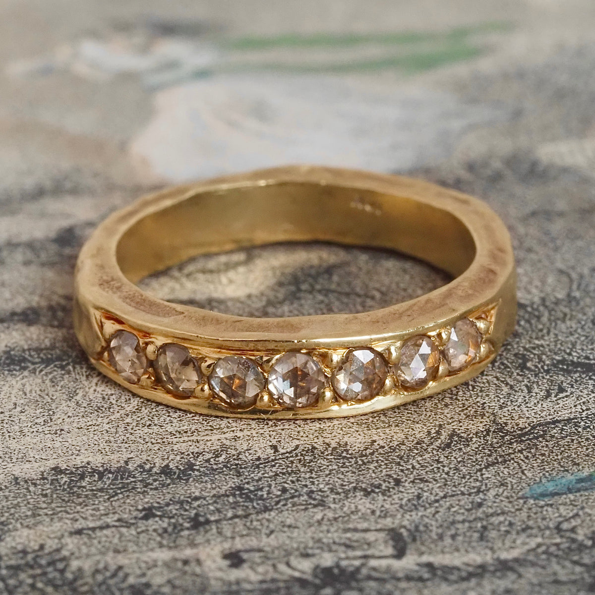 Rose Cut Diamond 18k Gold Hammered Half Eternity Band