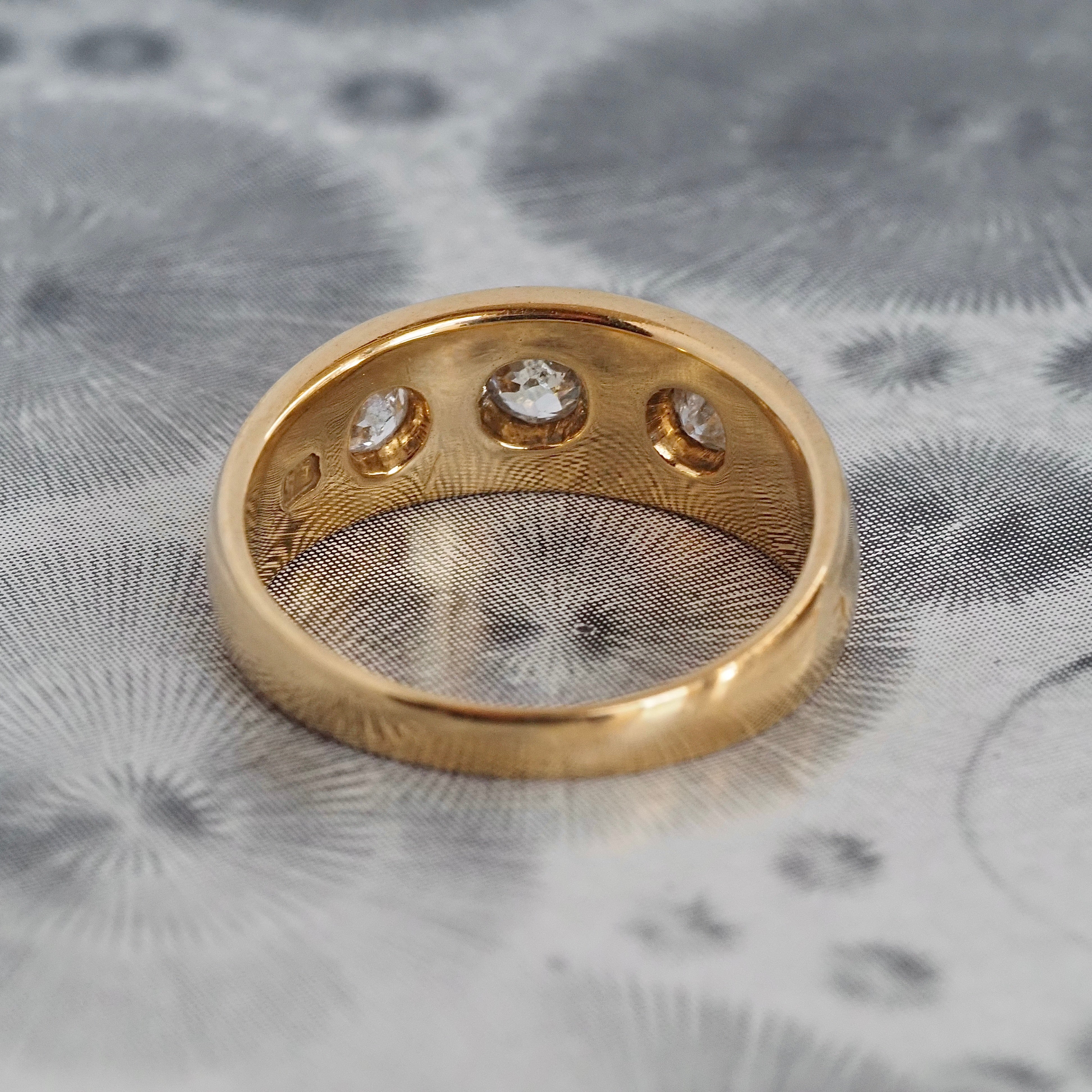 Antique c. 1888 English Flush Set Old Mine Cut Diamond Trilogy 18k Gold Ring