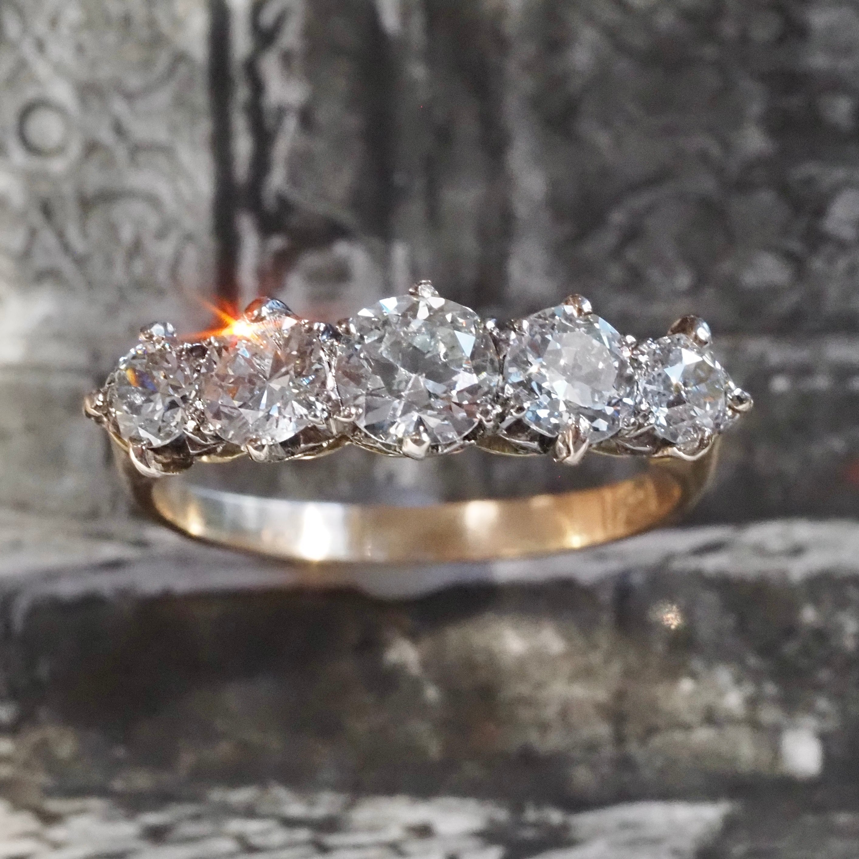 Mid Century Five Stone Old European and Transitional Cut Diamond 14k Gold Ring