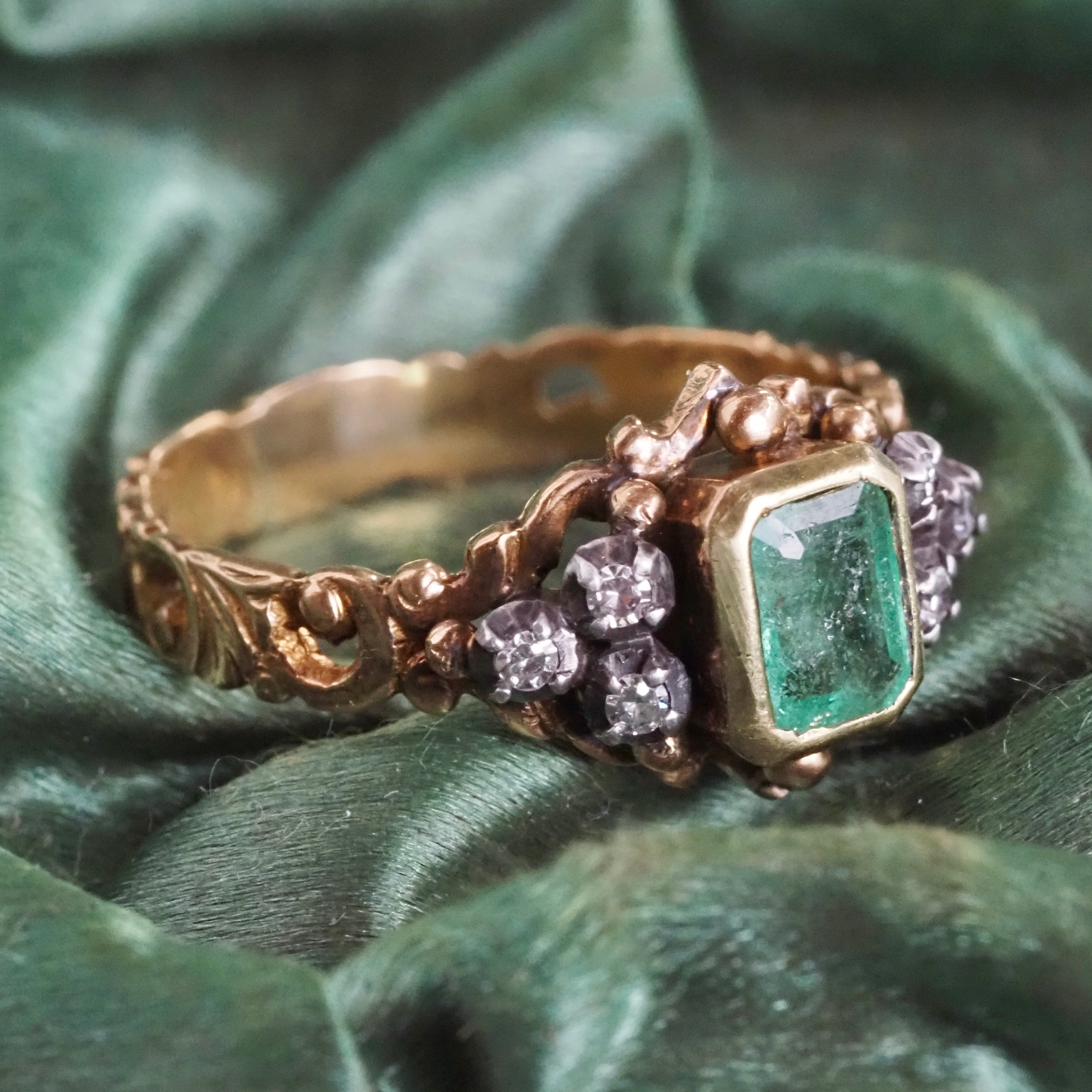 Vintage Victorian Style Emerald and Diamond 18k Gold and Silver Ring