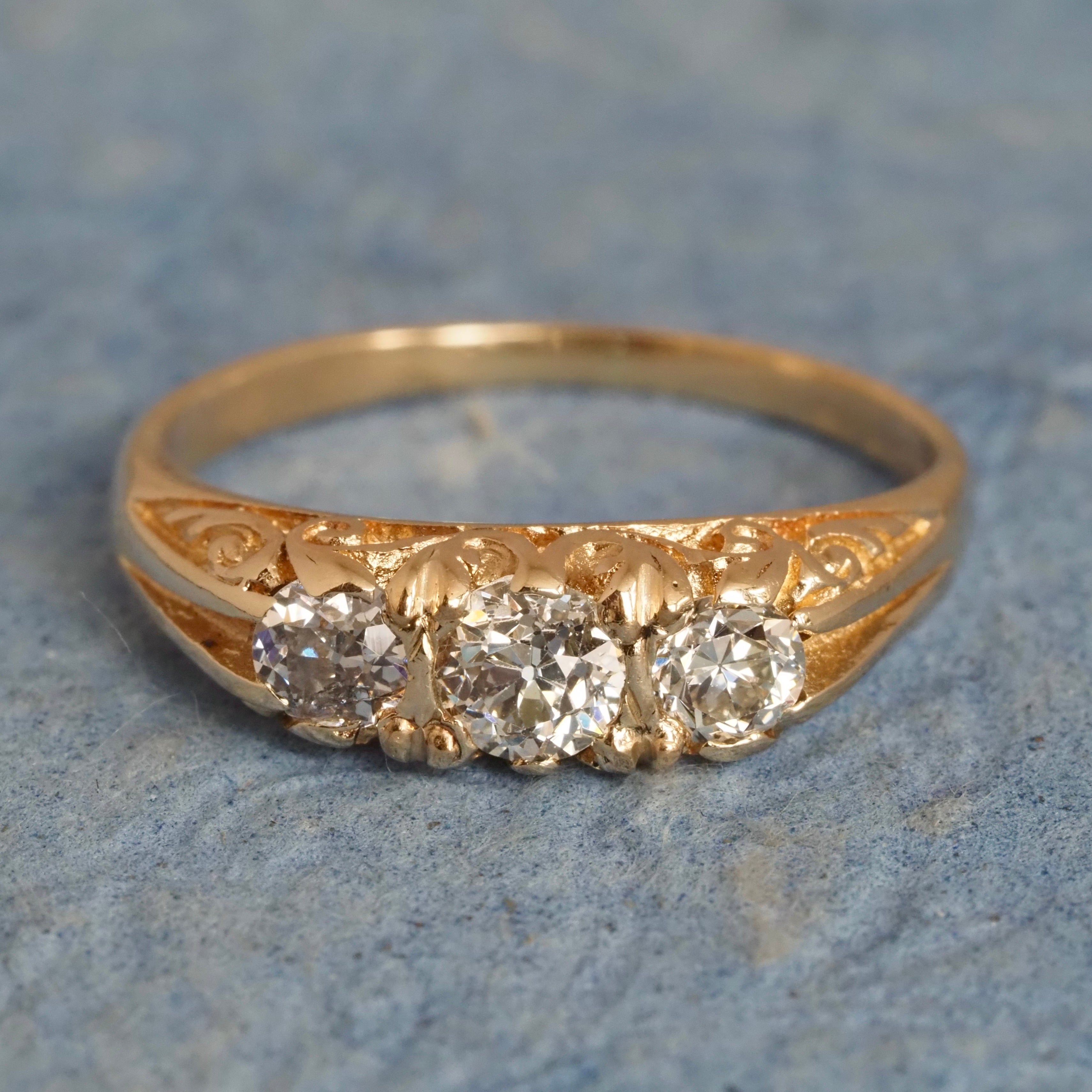 Art Nouveau Style Antique Old Mine Cut Diamond Trilogy 14k Gold Ring
