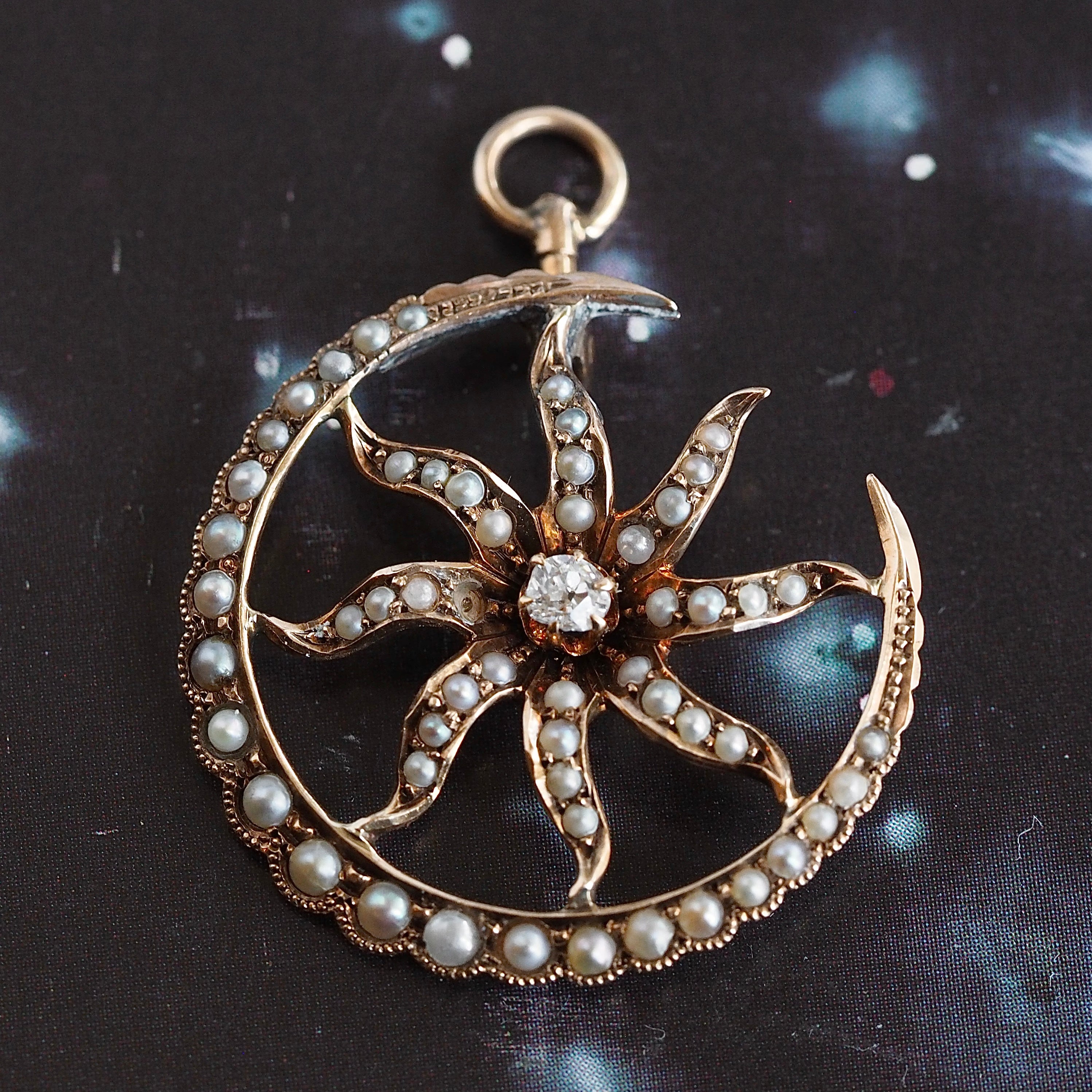Antique Victorian 14k Gold Seed Pearl Old Mine Cut Diamond Sun and Moon Pendant