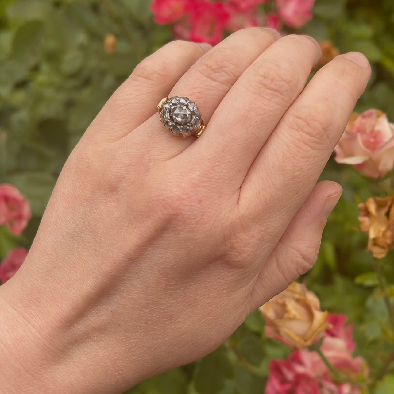 Antique Georgian c. 1800-1810 18k Gold Foil Backed Rose Cut Diamond Cluster Ring