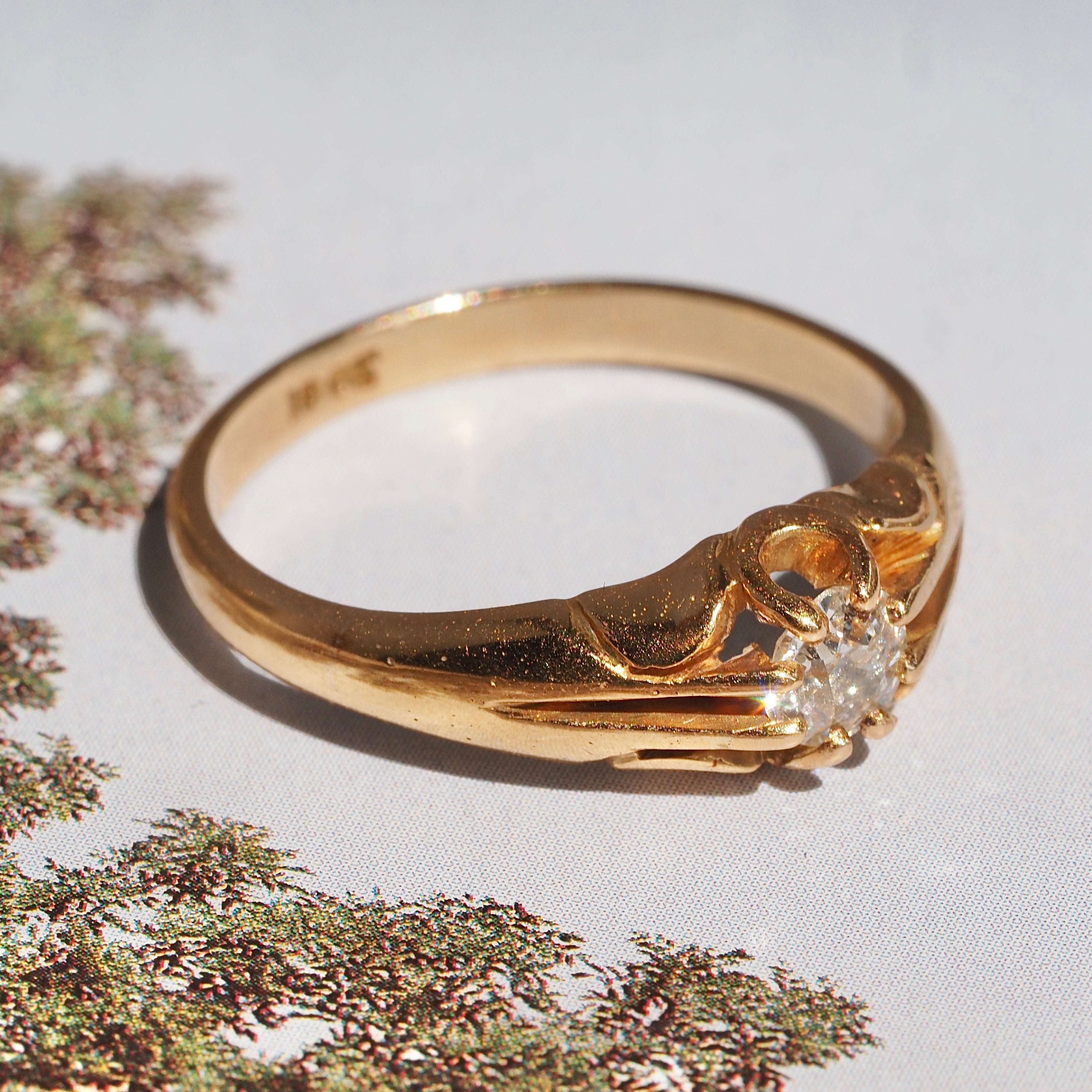 Antique Victorian English 18k Gold Old Mine Cut Diamond Belcher Engagement Ring