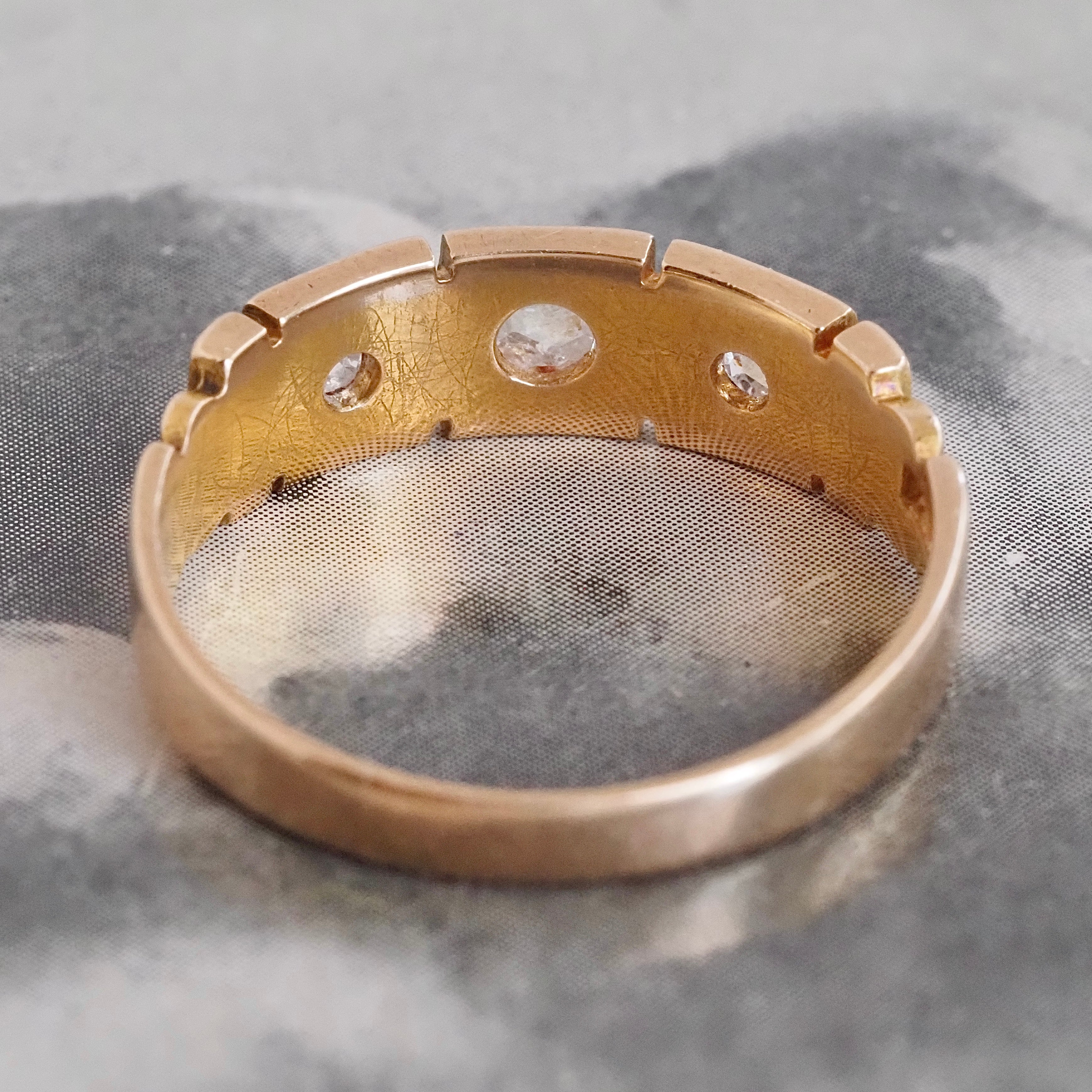Antique Victorian English c. 1894 Rose Cut Diamond Trilogy 15k Gold Panel Ring