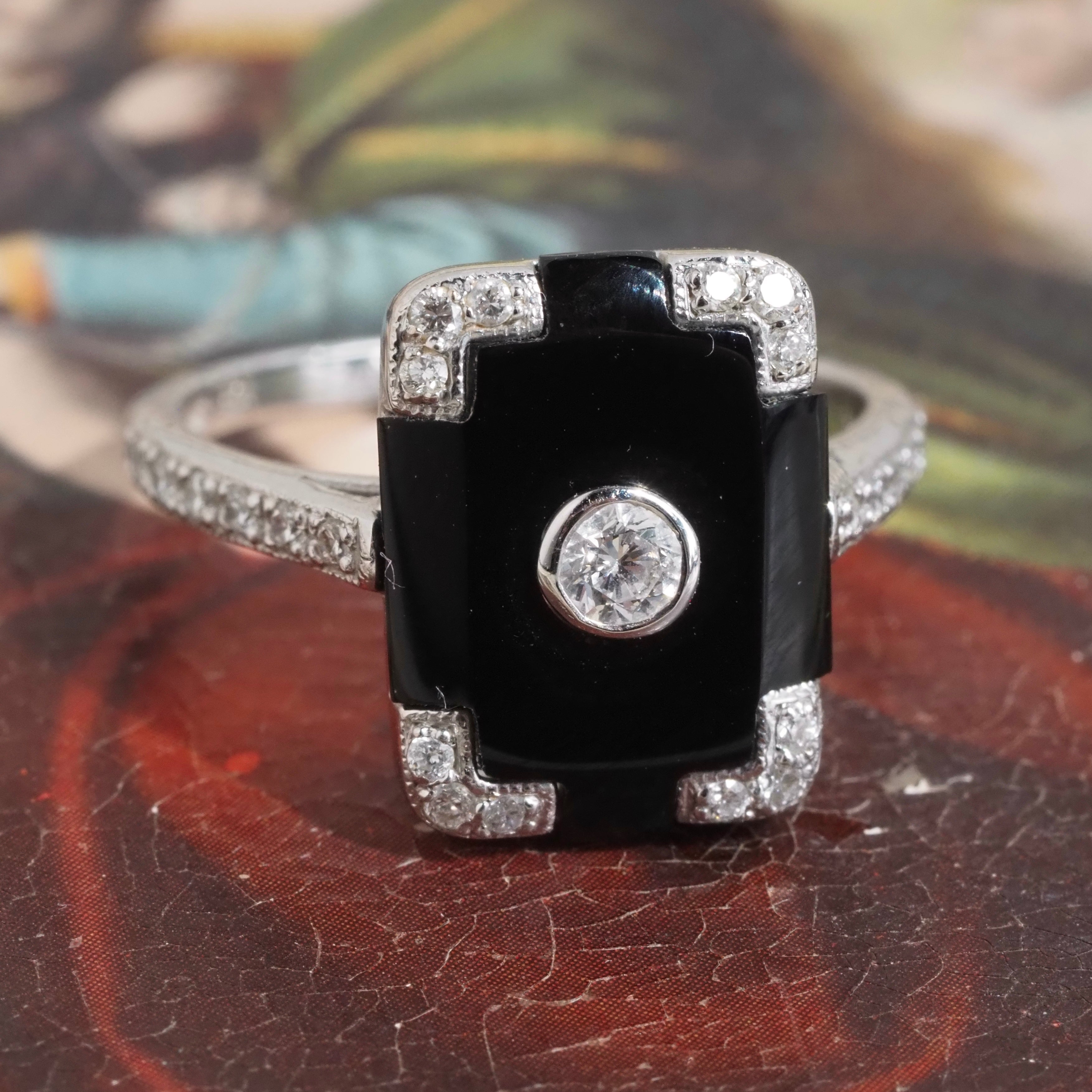 Vintage Art Deco Style Onyx and Diamond 14k White Gold Ring