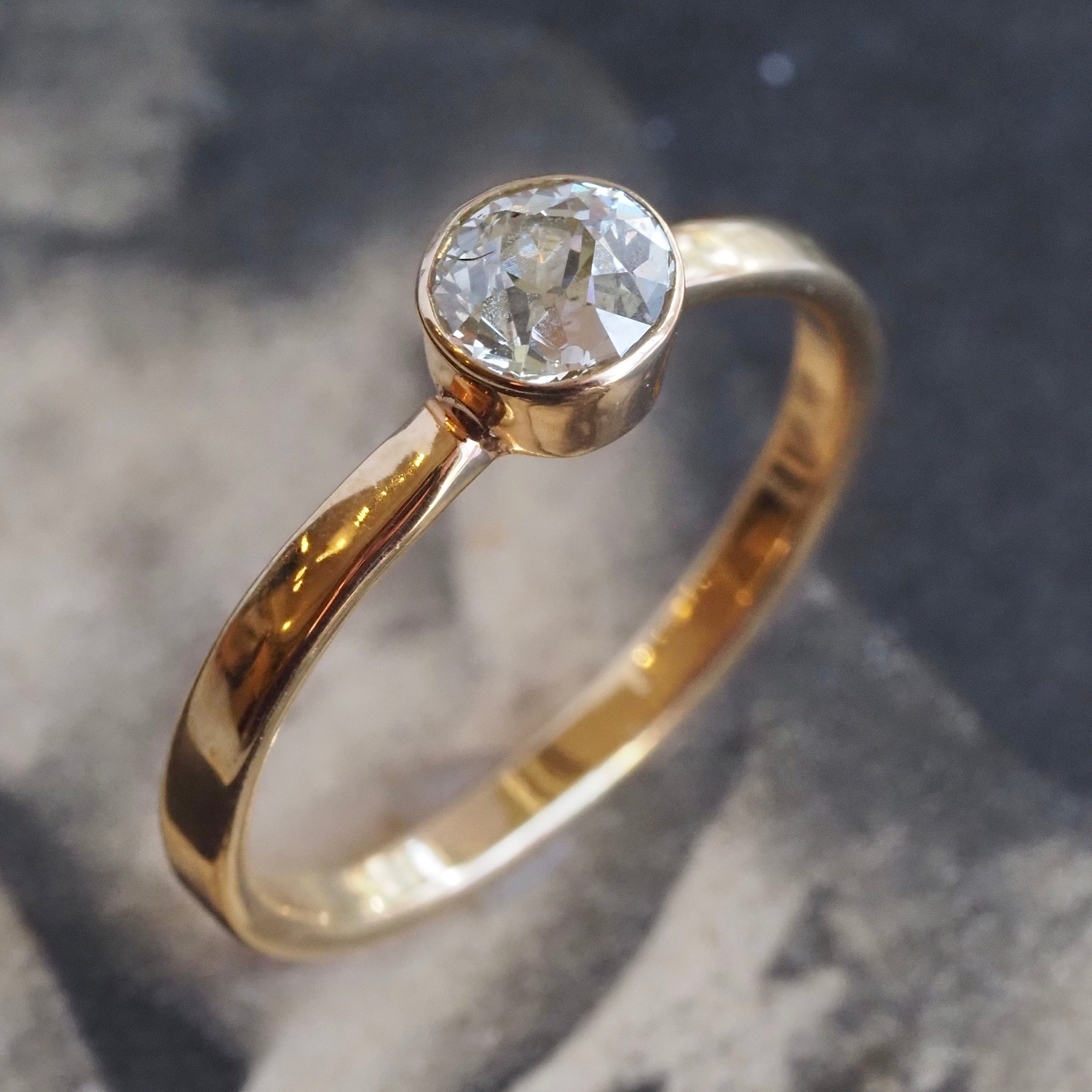 Bezel Set Old Mine Cut Diamond 18k Gold Solitaire Engagement Ring