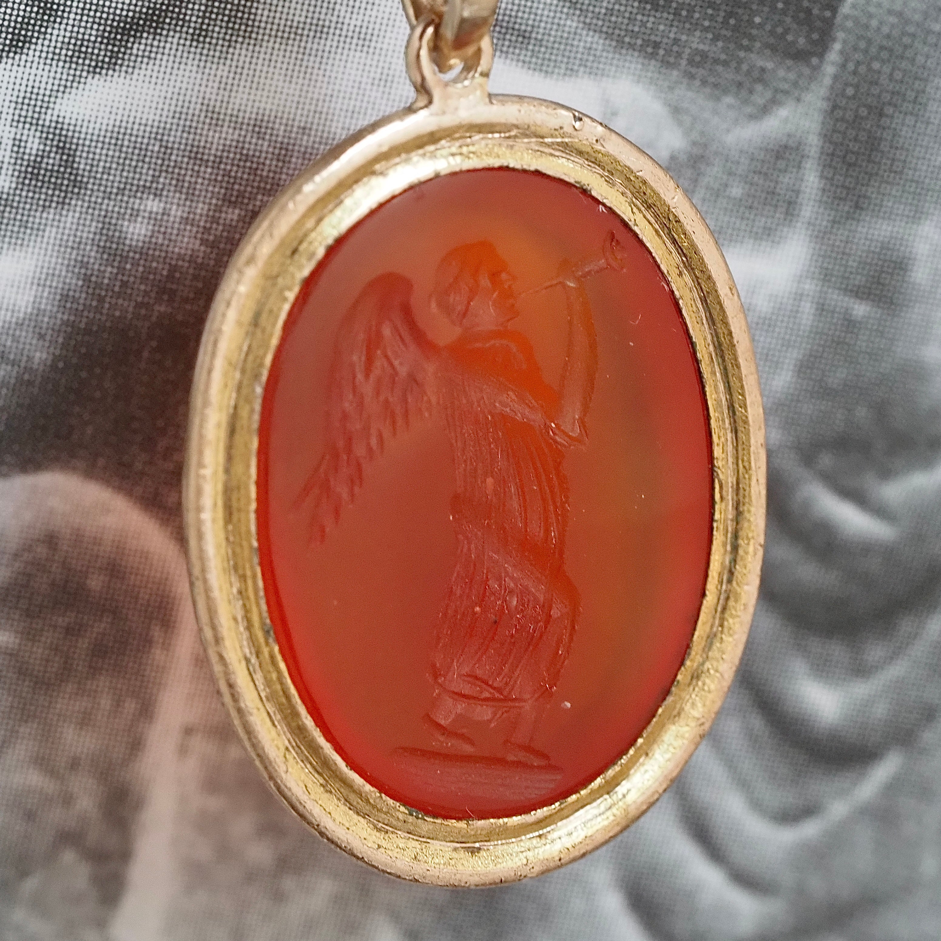 Antique Carnelian Angel Gabriel Intaglio Pendant with Vintage English 9k Gold Chain