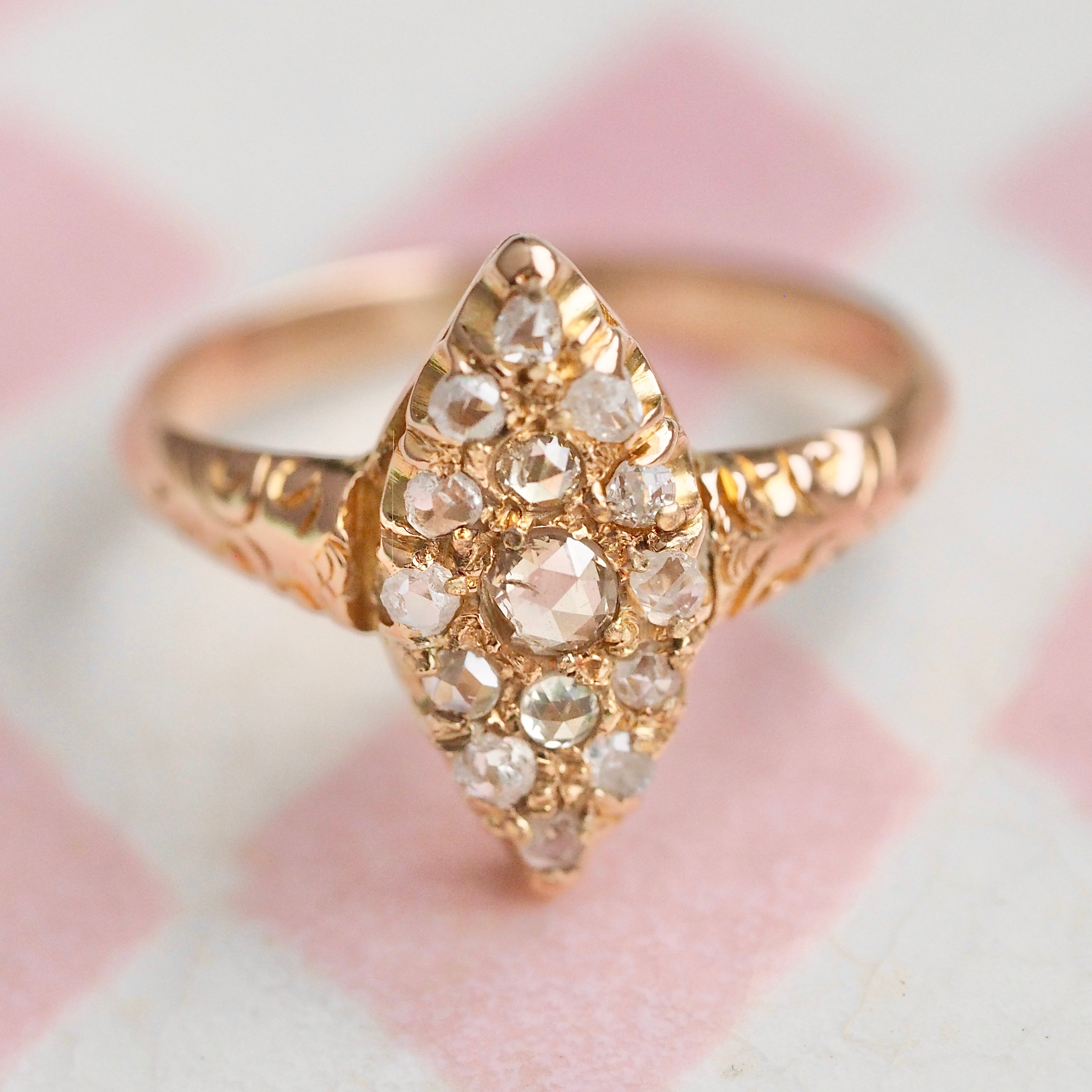 Antique English 18k Gold Rose Cut Diamond Navette Ring