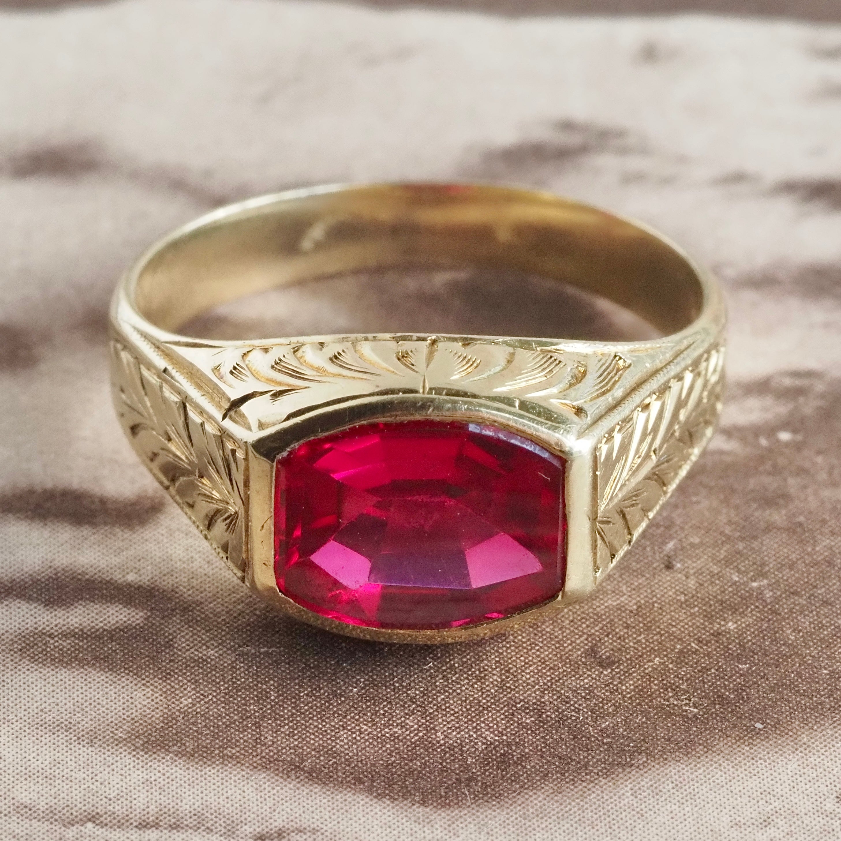 Art Deco 14k Gold Buff Cut Ruby Signet Ring