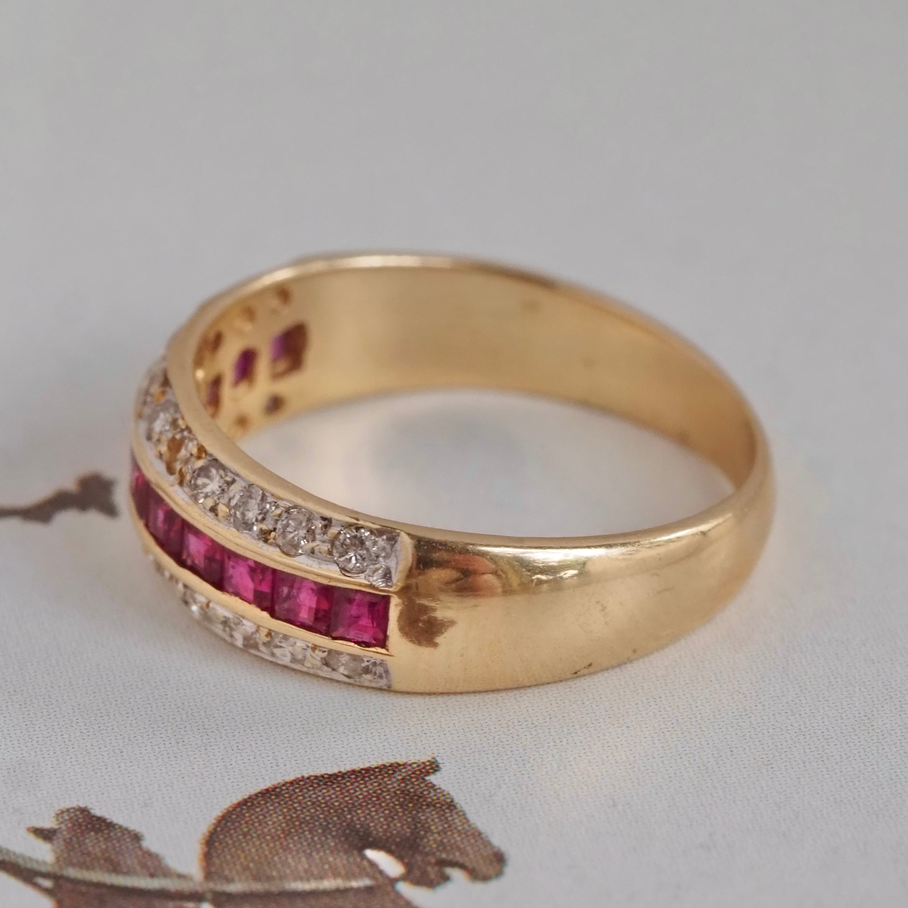 Vintage Channel Set Natural Princess Cut Ruby and Diamond 14k Gold Ring