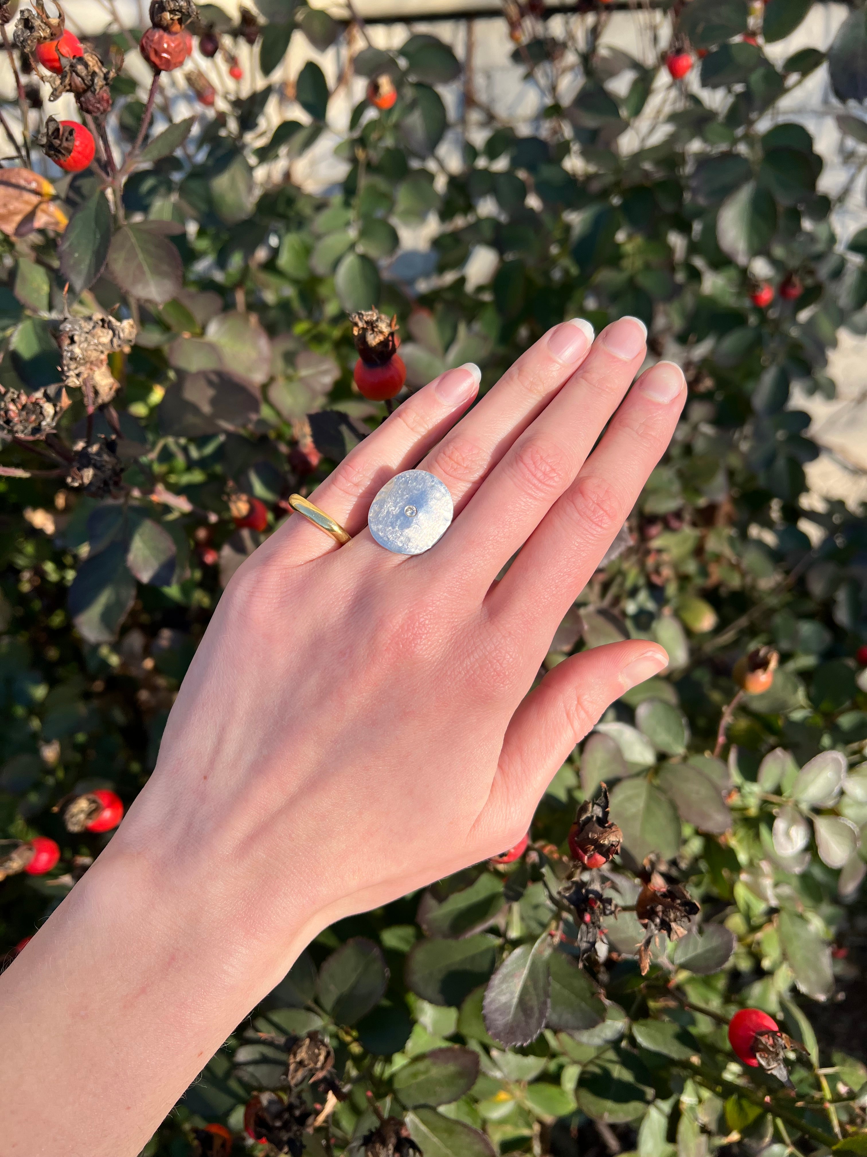 Vintage Sterling Silver Hammered Shield with diamond Ring