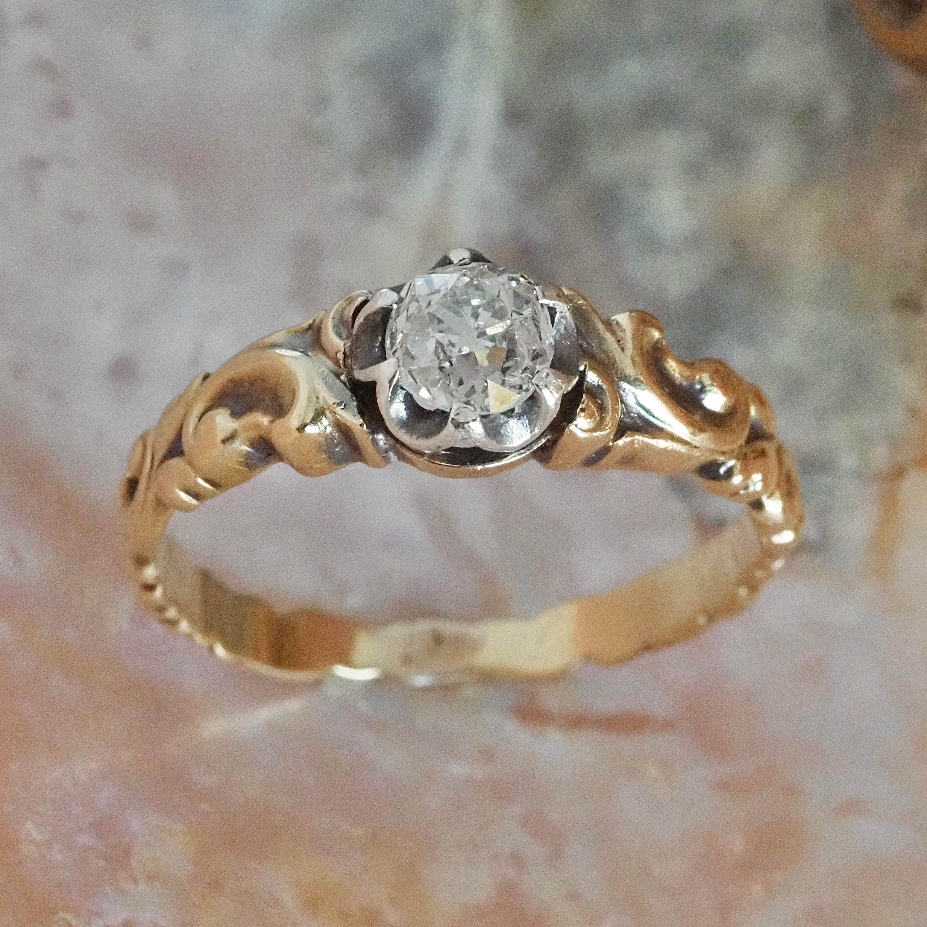 Antique Victorian Old Mine Cut Diamond 9k Gold Sterling Silver Engagement Ring