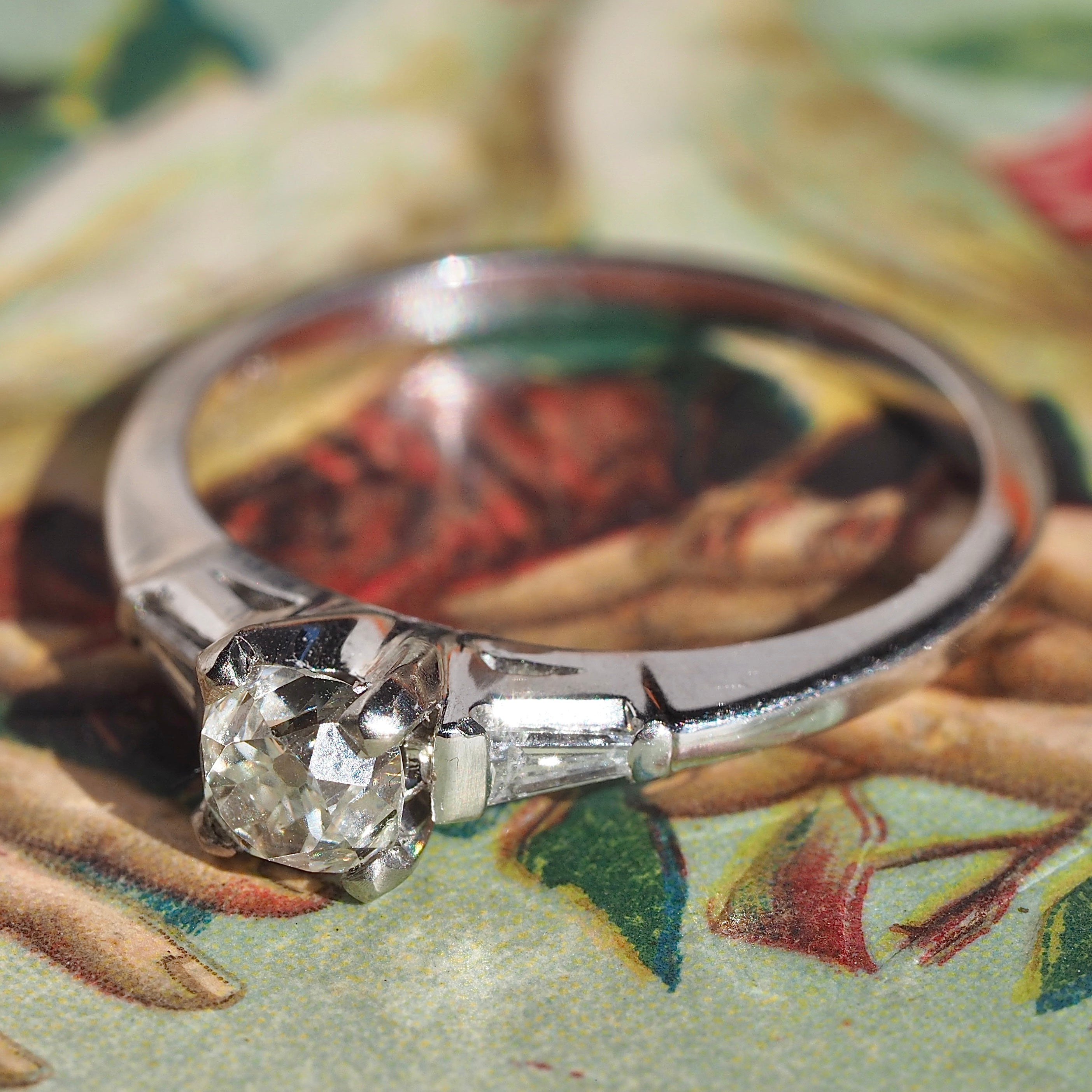 Midcentury 18k White Gold Old Mine Cut Diamond Tapered Baguette Ring