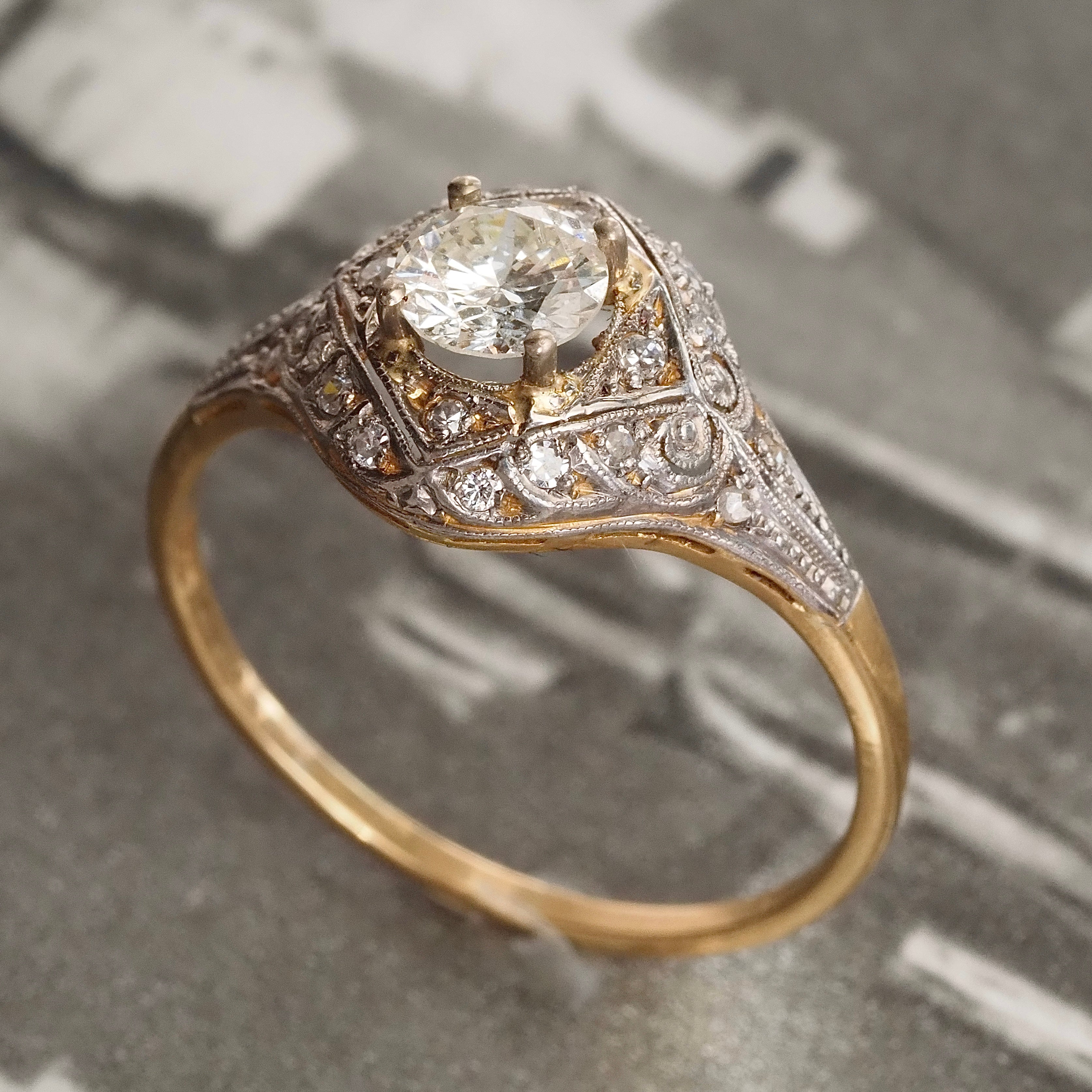 Antique Spanish Art Deco Round Brilliant Cut Diamond Solitaire Engagement Ring