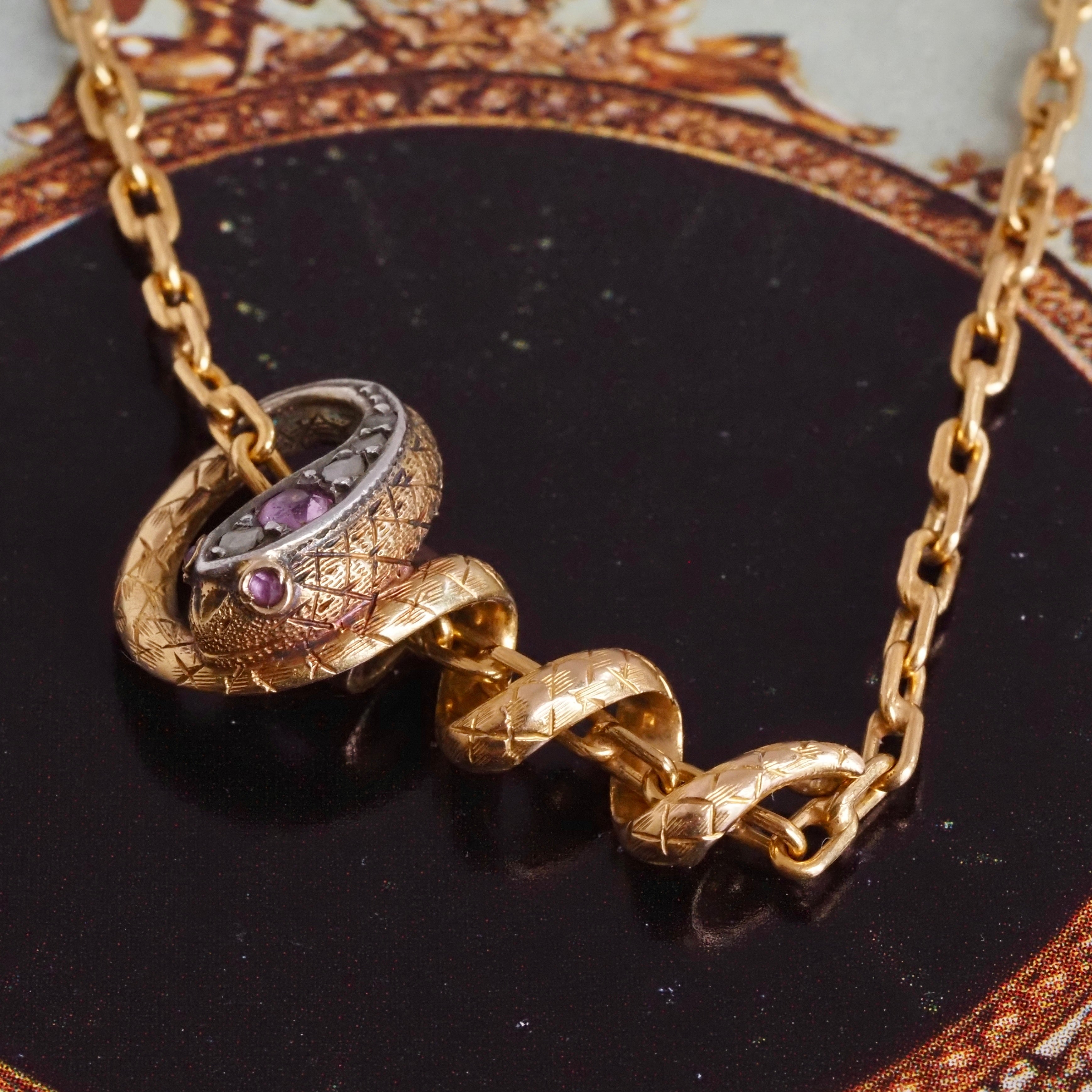 Antique Victorian Snake Natural Ruby Diamond 18k Gold Necklace