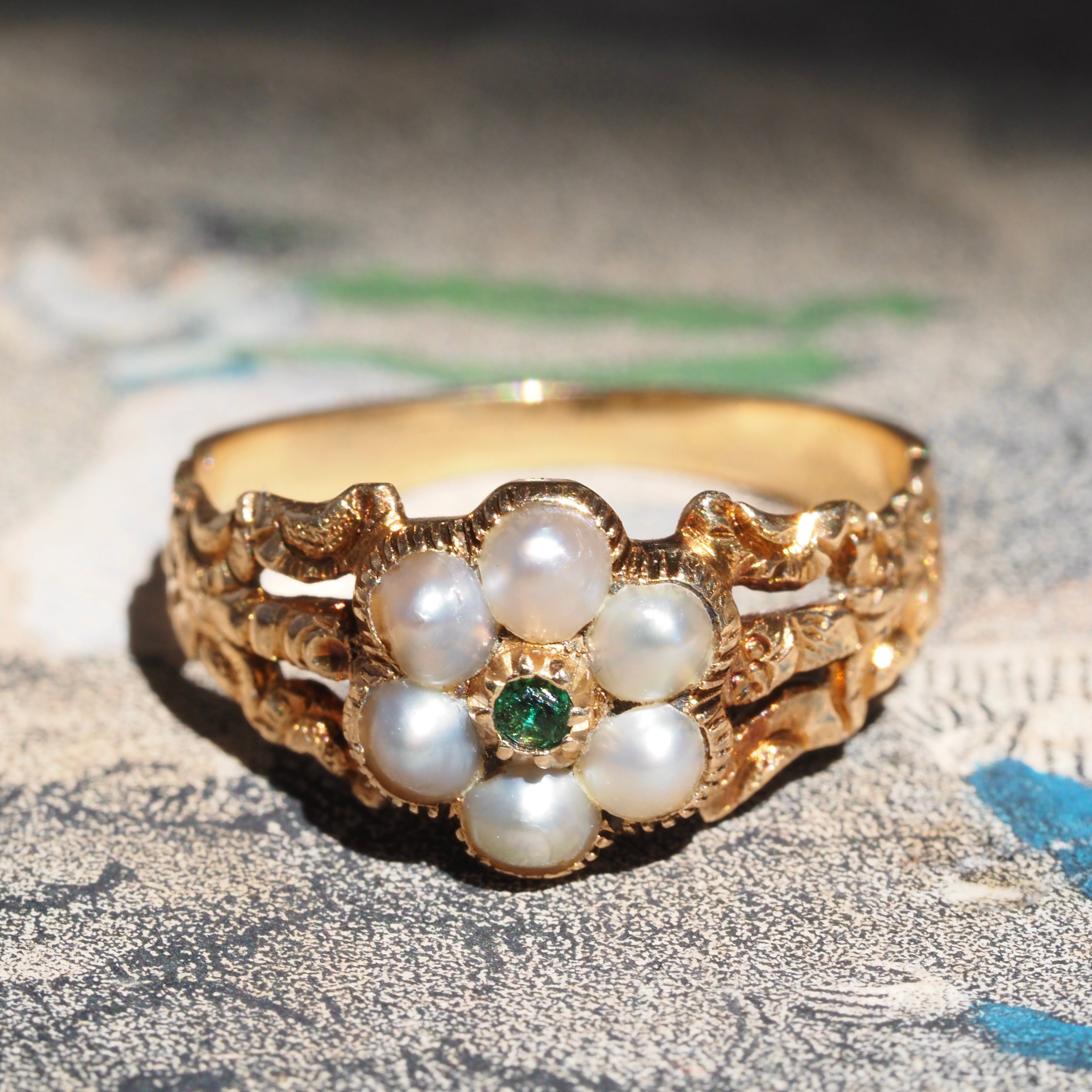 Antique Georgian Seed Pearl and Green Paste Flower Engraved Mourning Ring