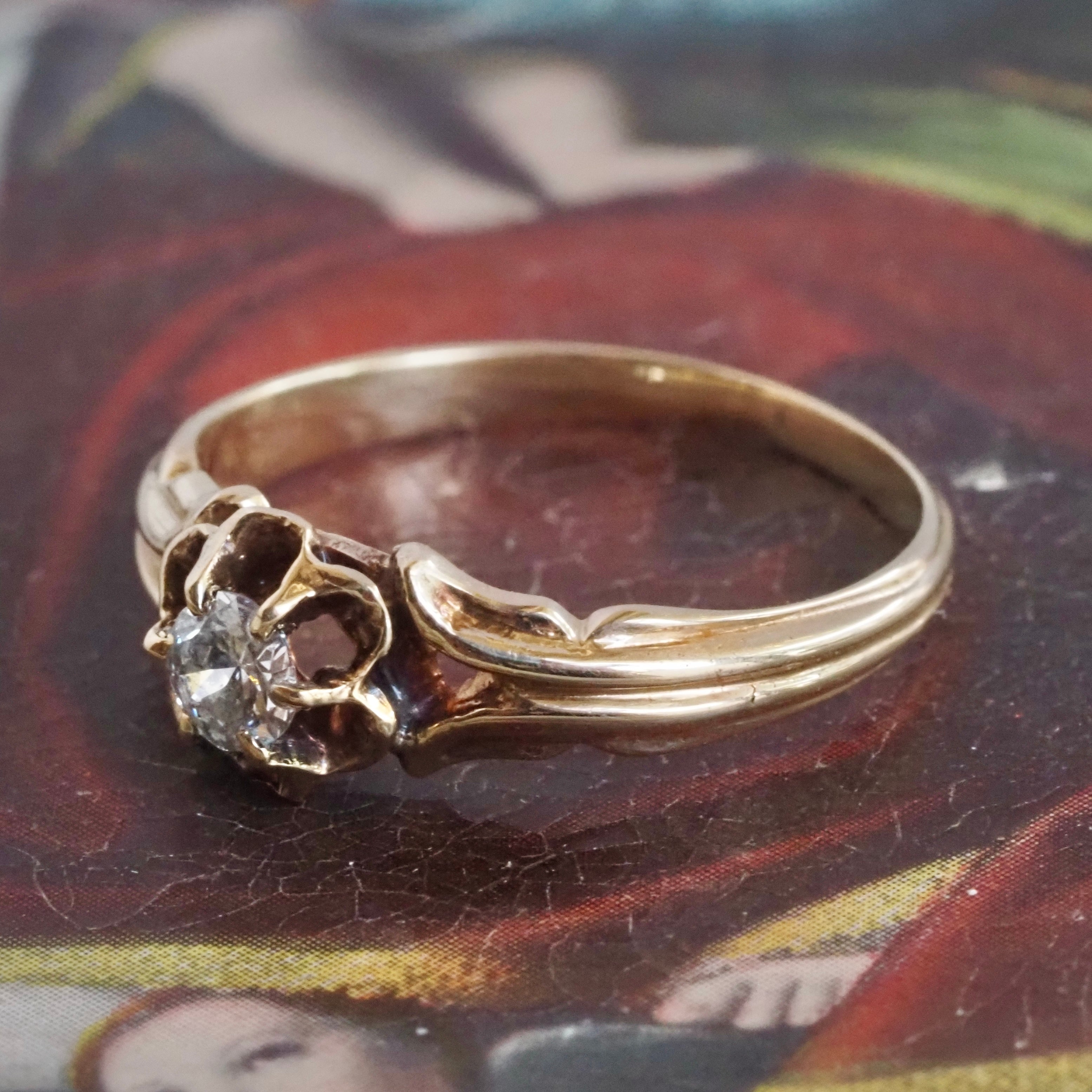 Antique Victorian Old European Cut Diamond Floral Belcher 14k Gold Engagement Ring