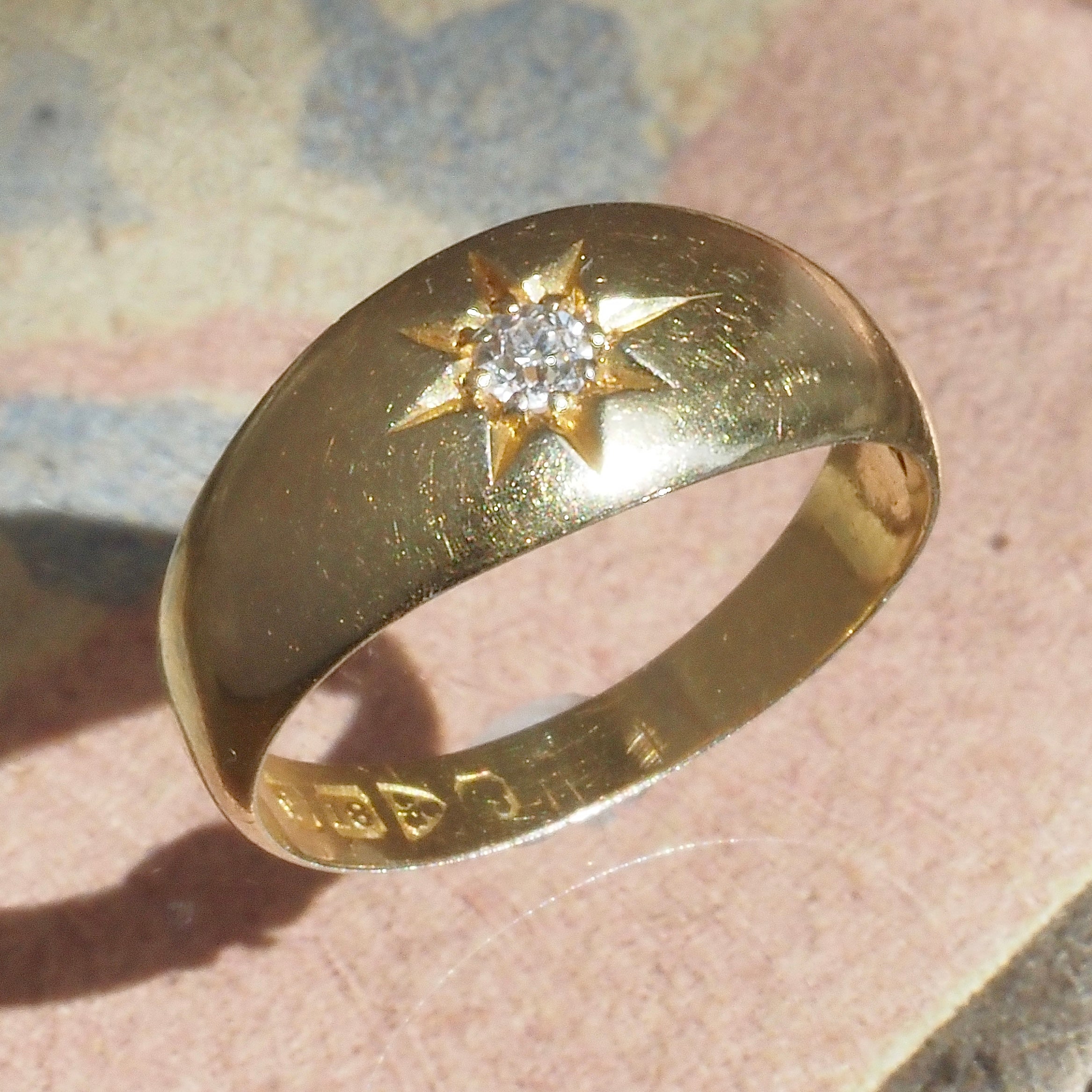 Antique English Old Mine Cut Diamond Flush Set Starburst 18k Gold Ring