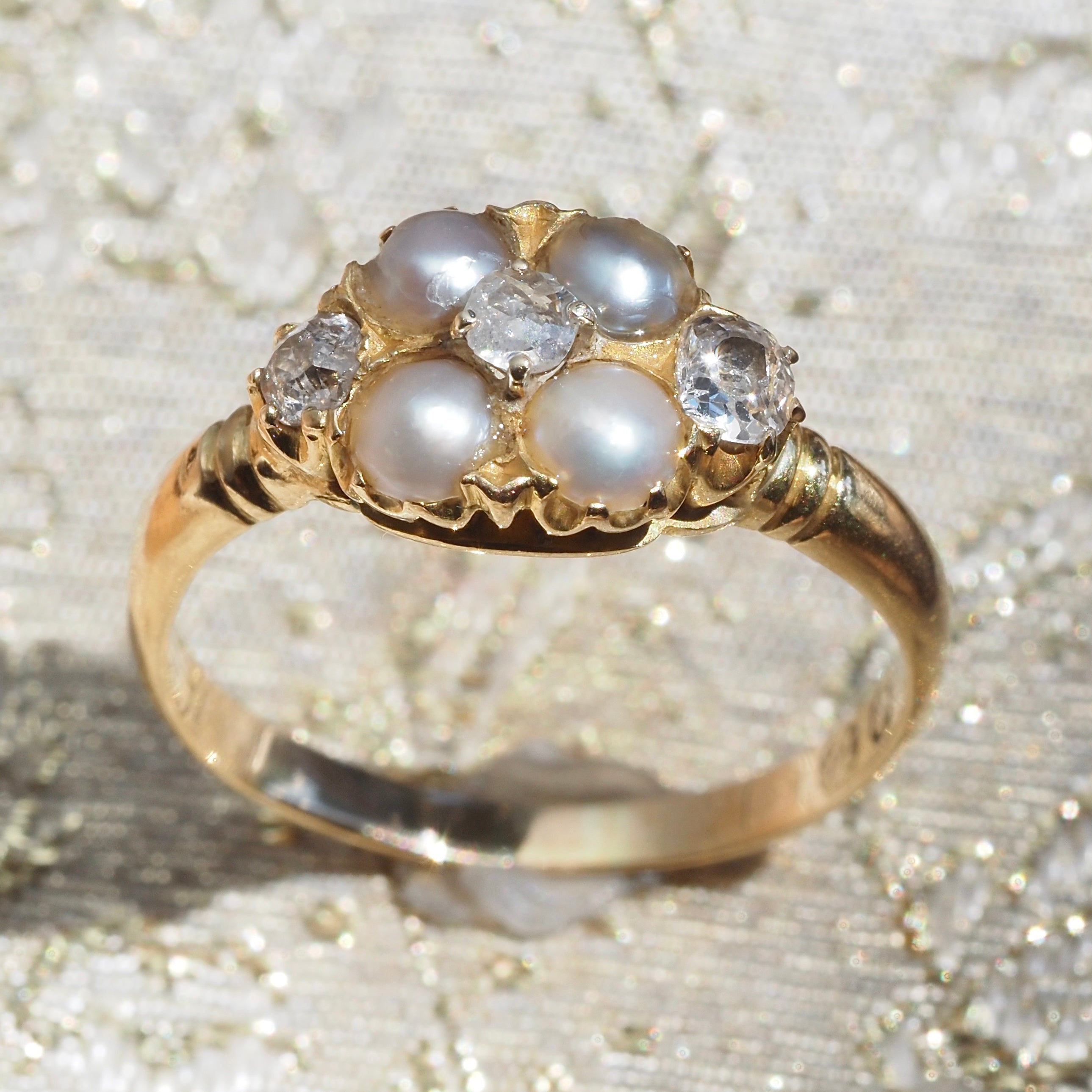 Early Victorian English Natural Grey Pearl Old Mine Cut Diamond Cluster 18k Gold Ring