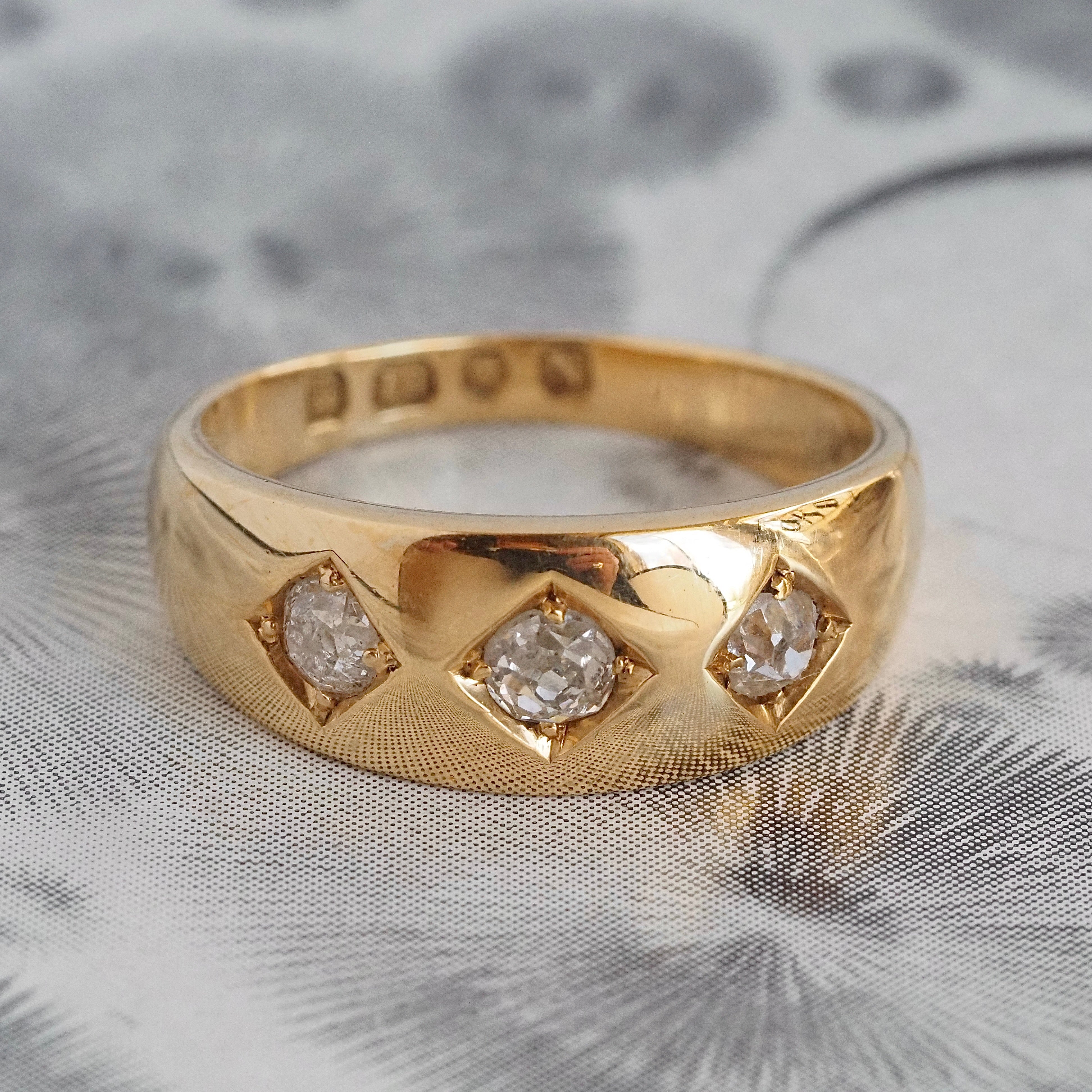 Antique c. 1888 English Flush Set Old Mine Cut Diamond Trilogy 18k Gold Ring