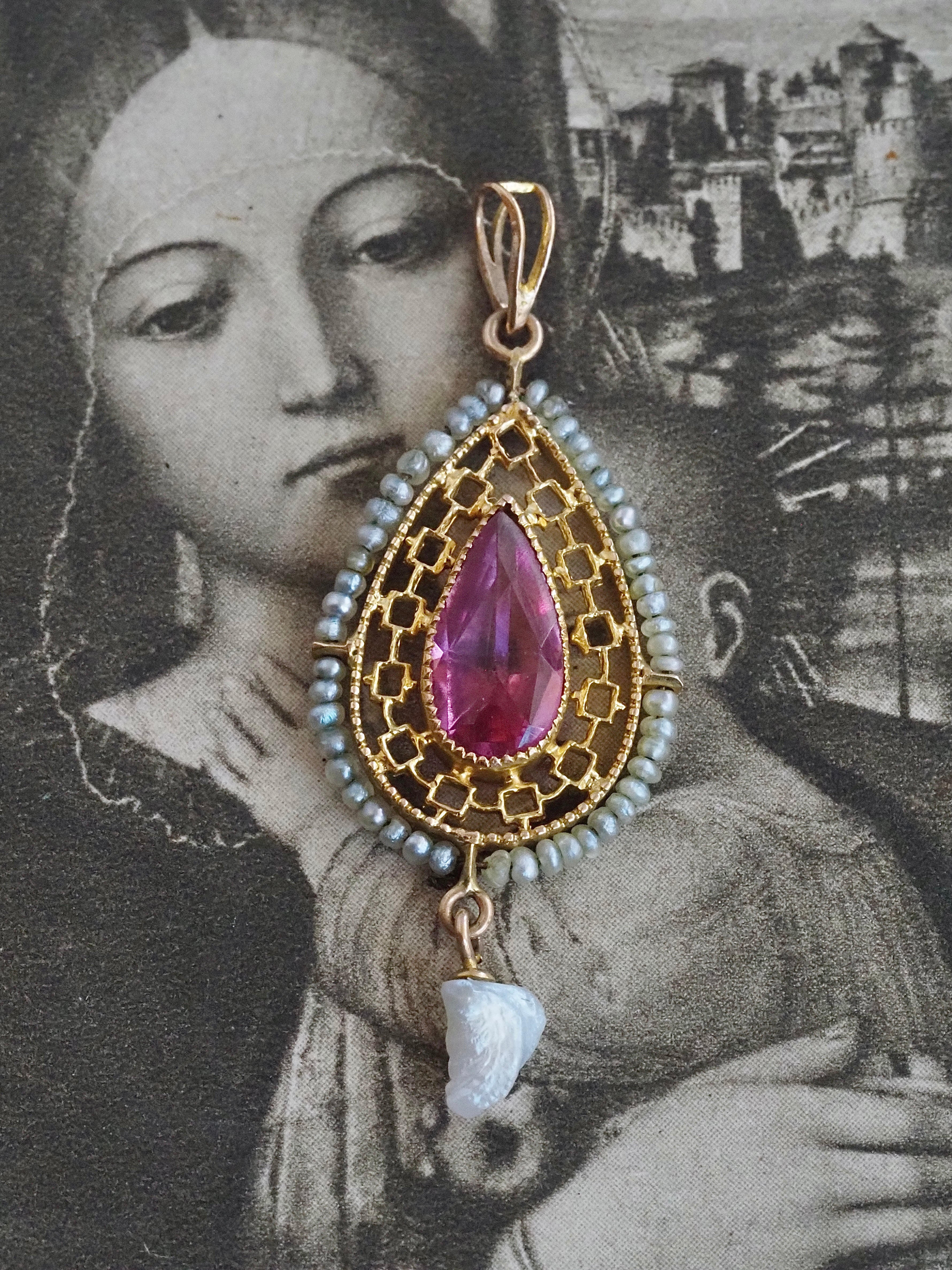 Antique 10k Gold Seed Pearl Tourmaline Lavalier Pendant