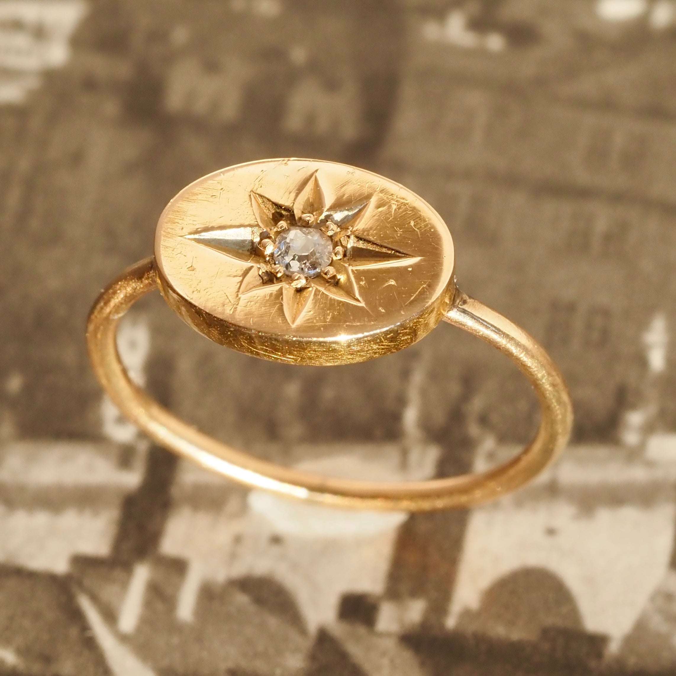 Antique English Old Mine Cut Diamond Starburst 15k Gold Ring